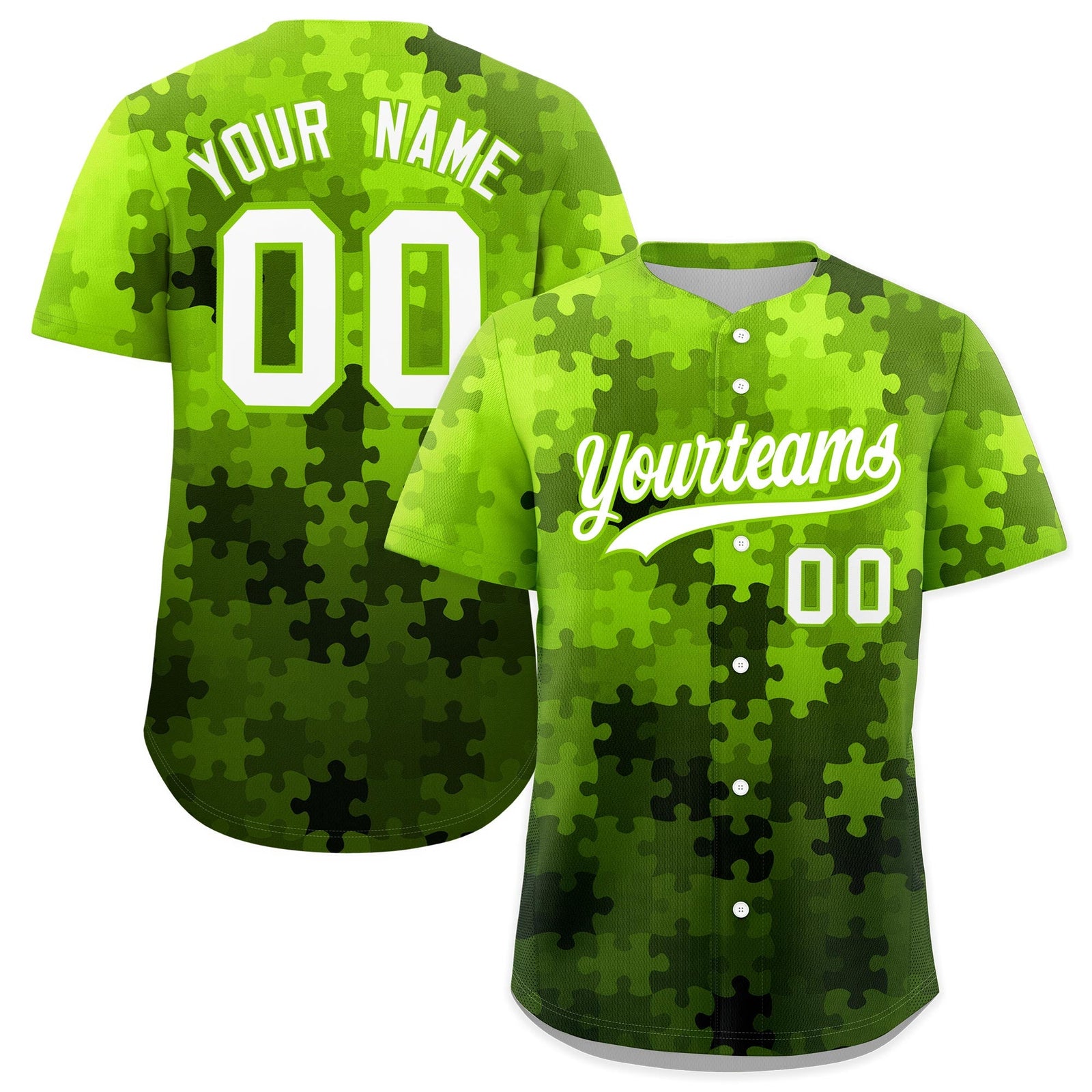 Custom White Neon Green Puzzle Elements Baseball Jersey | Sublimation Printed & Stitched,Add Name and Numbern,Perfect for Teams | KXKSHOP