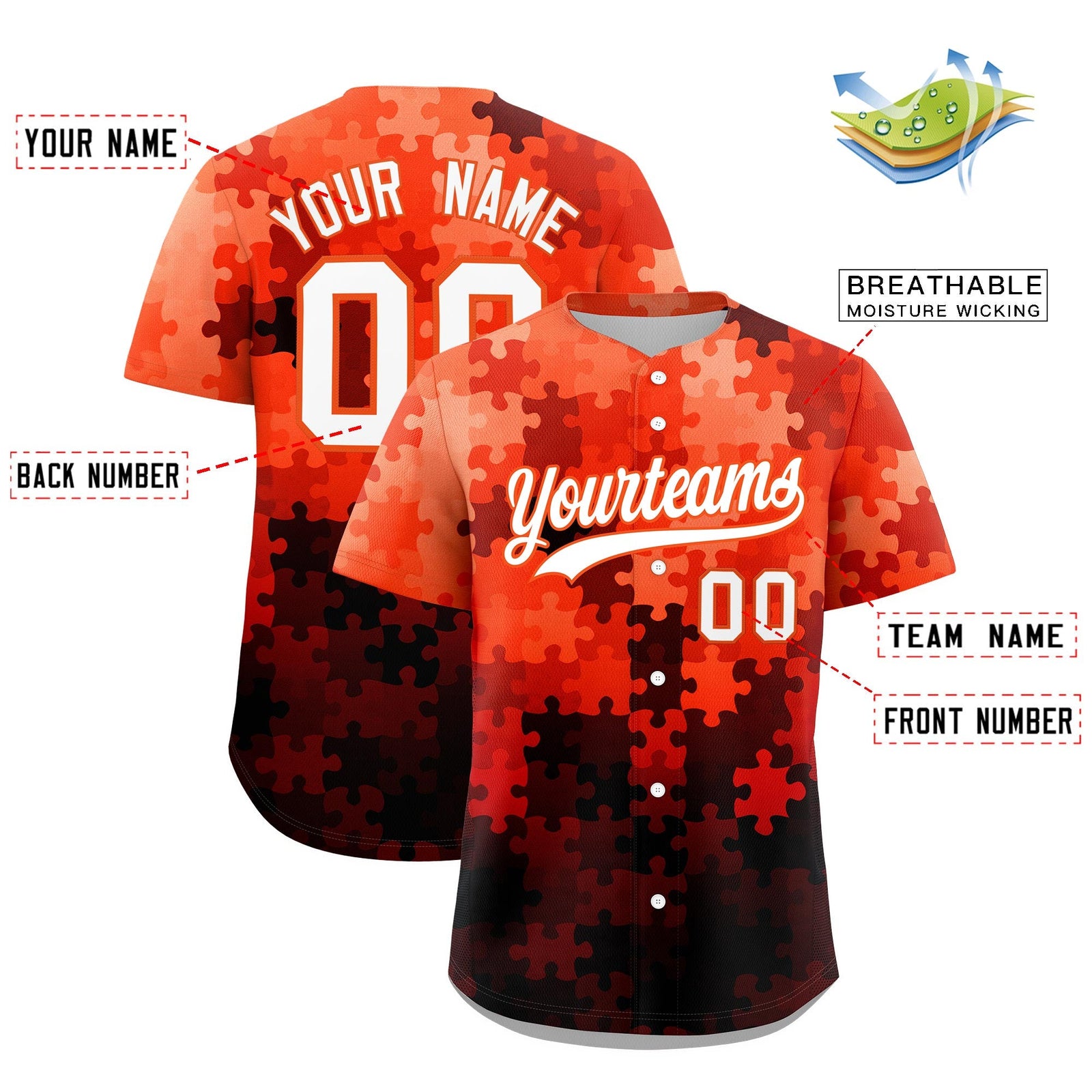 Custom White Orange Puzzle Elements Baseball Jersey | Sublimation Printed & Stitched,Add Name and Numbern,Perfect for Teams | KXKSHOP