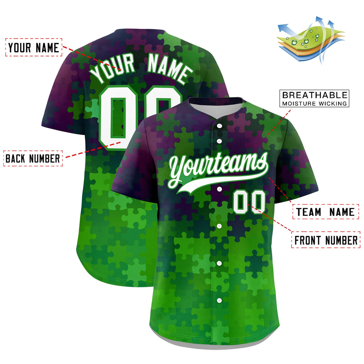 Custom White Light Green Puzzle Elements Baseball Jersey | Sublimation Printed & Stitched,Add Name and Numbern,Perfect for Teams | KXKSHOP