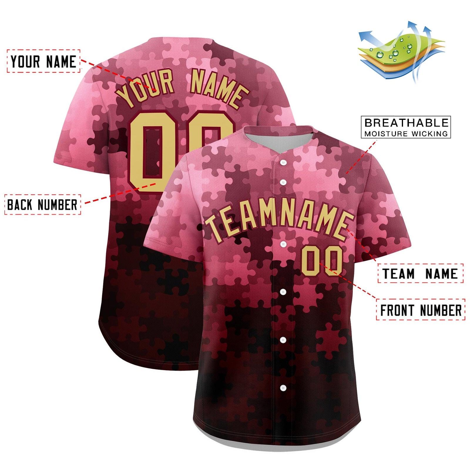 Custom Khaki Crimson Puzzle Elements Baseball Jersey | Sublimation Printed & Stitched,Add Name and Numbern,Perfect for Teams | KXKSHOP