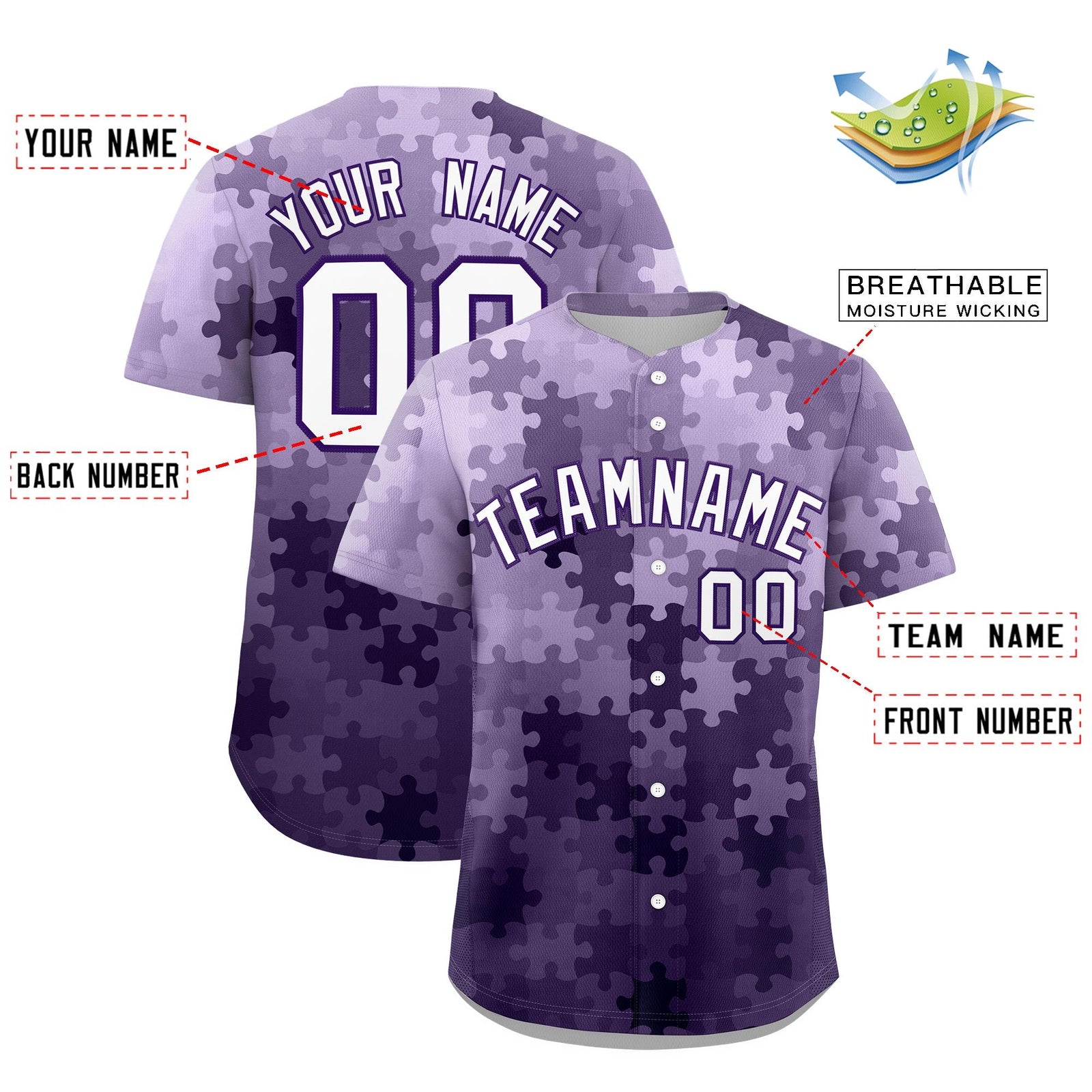 Custom White Purple Puzzle Elements Baseball Jersey | Sublimation Printed & Stitched,Add Name and Numbern,Perfect for Teams | KXKSHOP