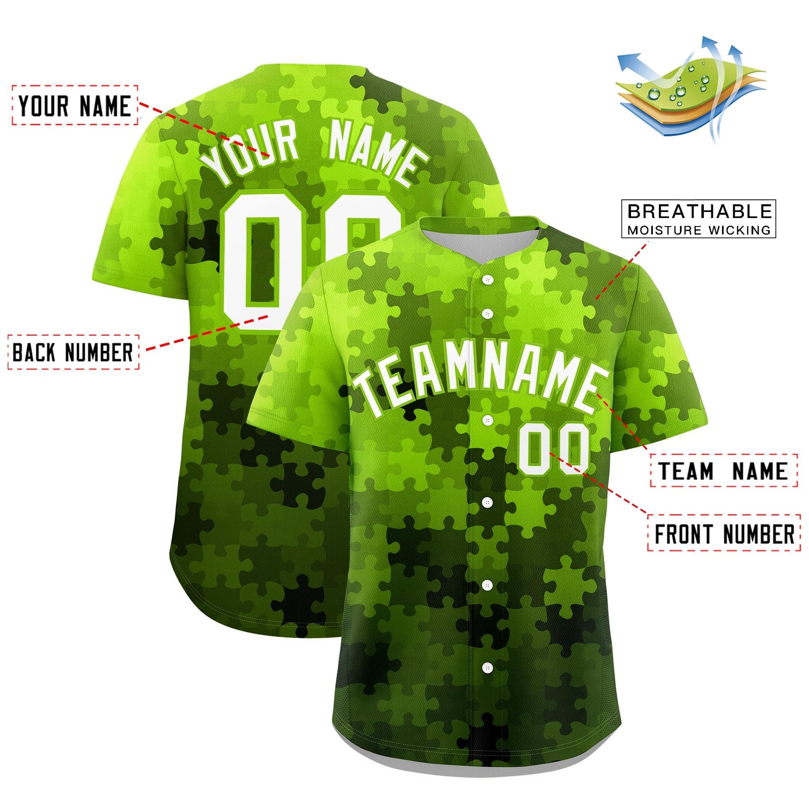Custom White Neon Green Puzzle Elements Baseball Jersey | Sublimation Printed & Stitched,Add Name and Numbern,Perfect for Teams | KXKSHOP