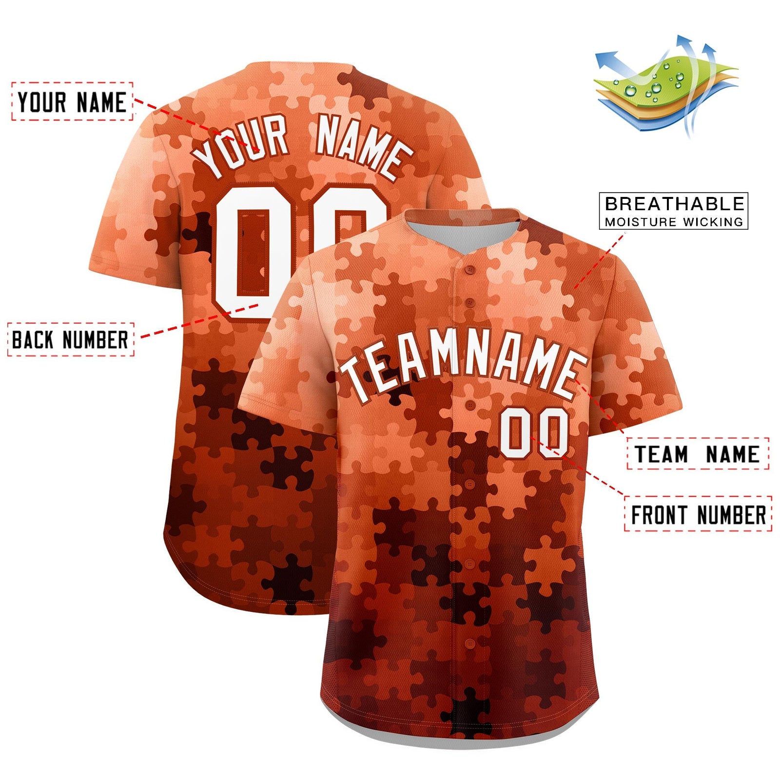 Custom White Dark Orange Puzzle Elements Baseball Jersey | Sublimation Printed & Stitched,Add Name and Numbern,Perfect for Teams | KXKSHOP