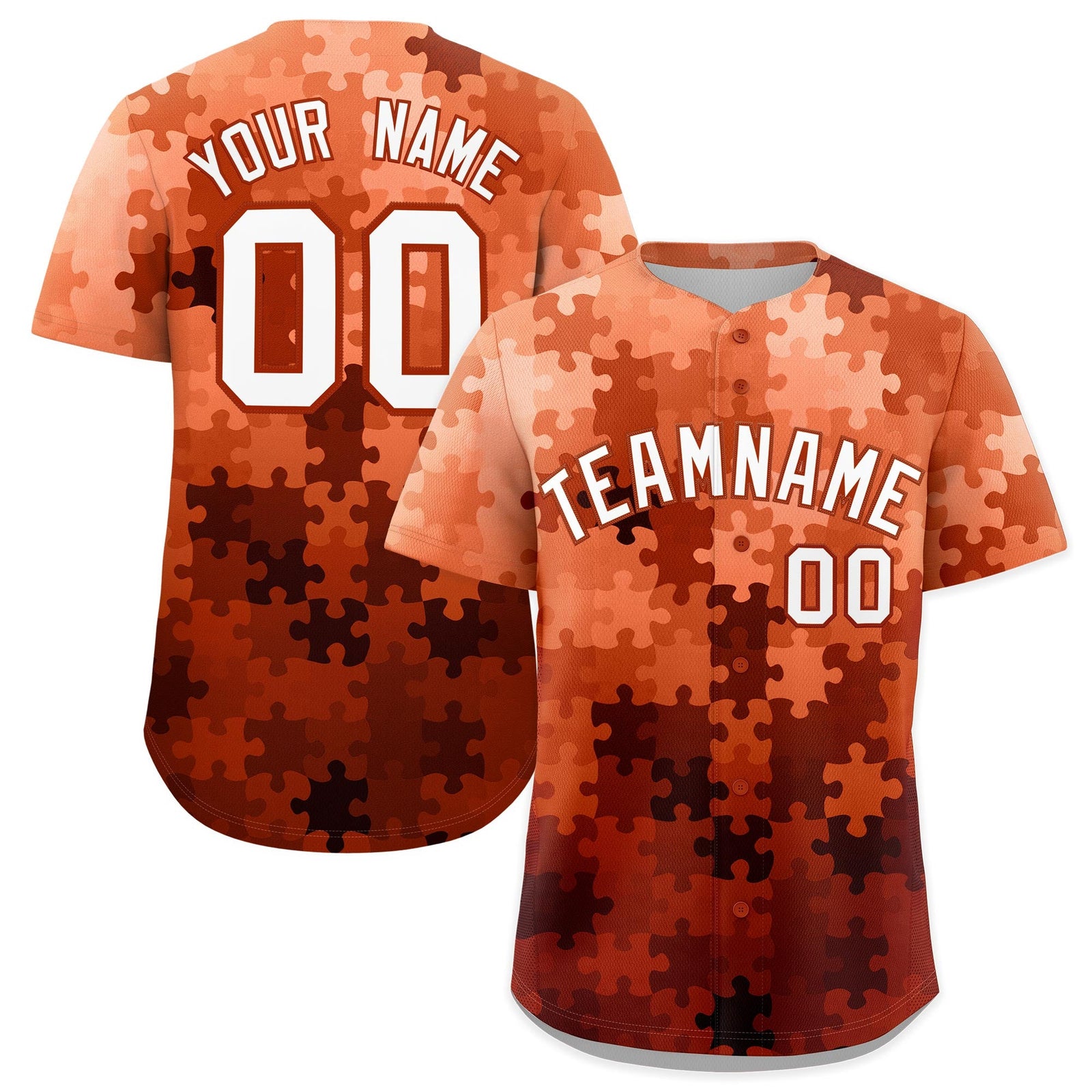 Custom White Dark Orange Puzzle Elements Baseball Jersey | Sublimation Printed & Stitched,Add Name and Numbern,Perfect for Teams | KXKSHOP