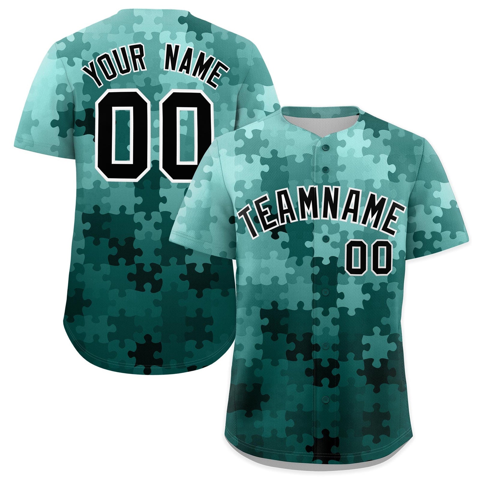 Custom Aqua Black White Puzzle Elements Baseball Jersey | Sublimation Printed & Stitched,Add Name and Numbern,Perfect for Teams | KXKSHOP
