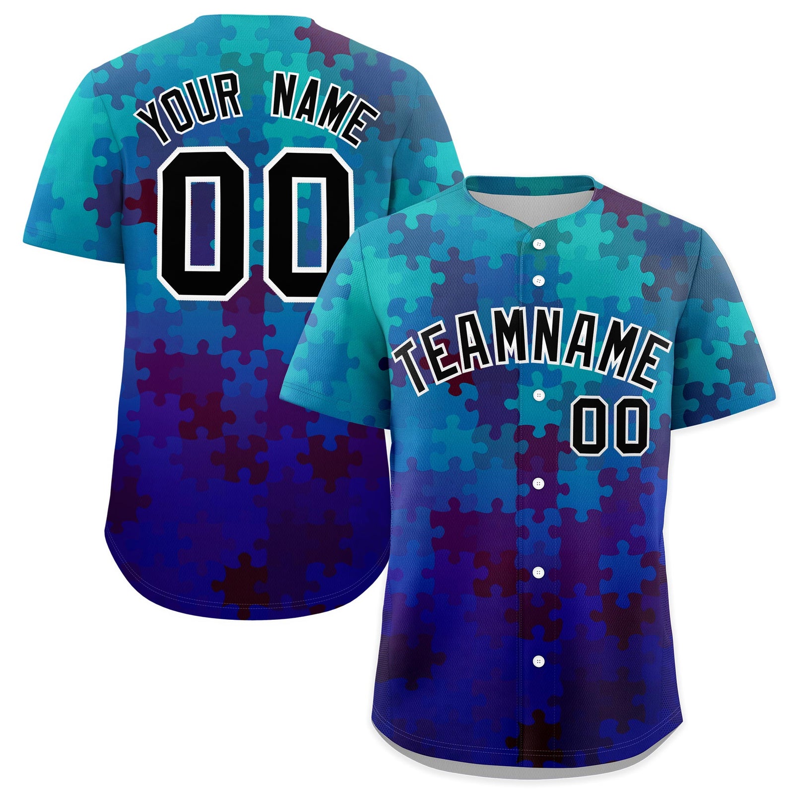 Custom Blue Black White Puzzle Elements Baseball Jersey | Sublimation Printed & Stitched,Add Name and Numbern,Perfect for Teams | KXKSHOP