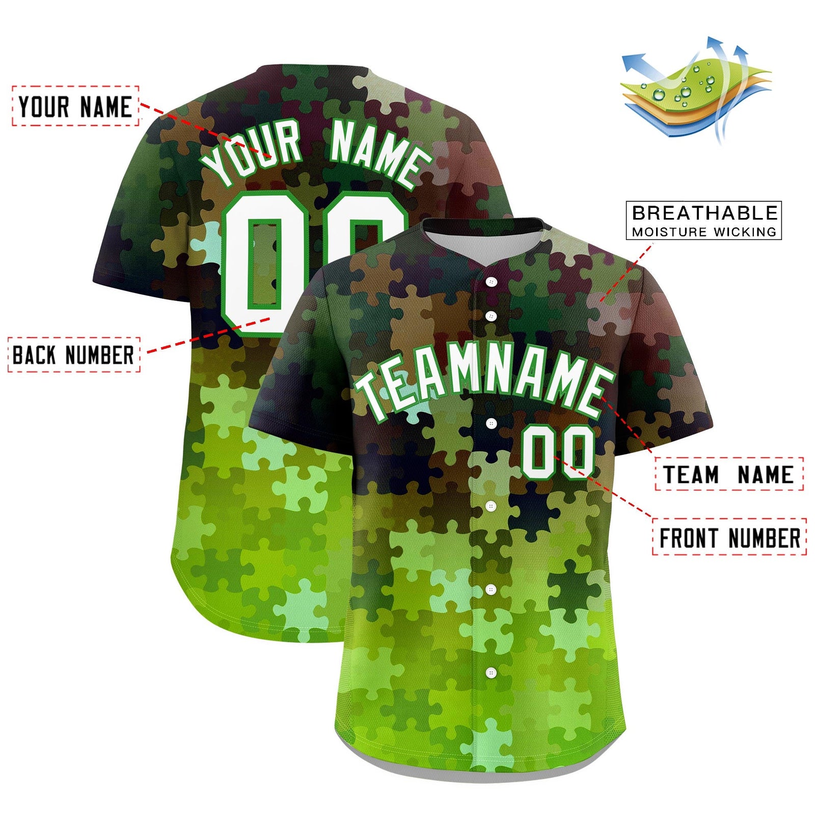 Custom Light Green White Puzzle Elements Baseball Jersey | Sublimation Printed & Stitched,Add Name and Numbern,Perfect for Teams | KXKSHOP