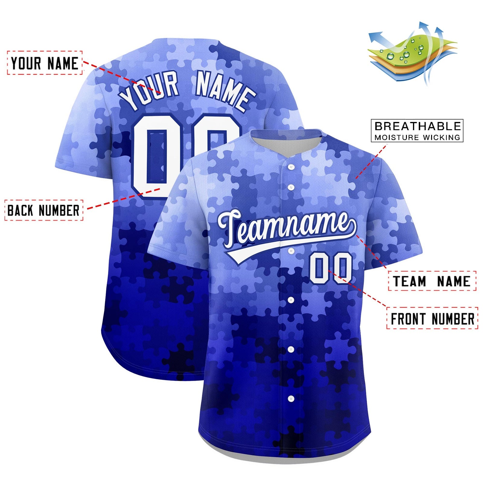Custom White Royal Blue Puzzle Elements Baseball Jersey | Sublimation Printed & Stitched,Add Name and Numbern,Perfect for Teams | KXKSHOP