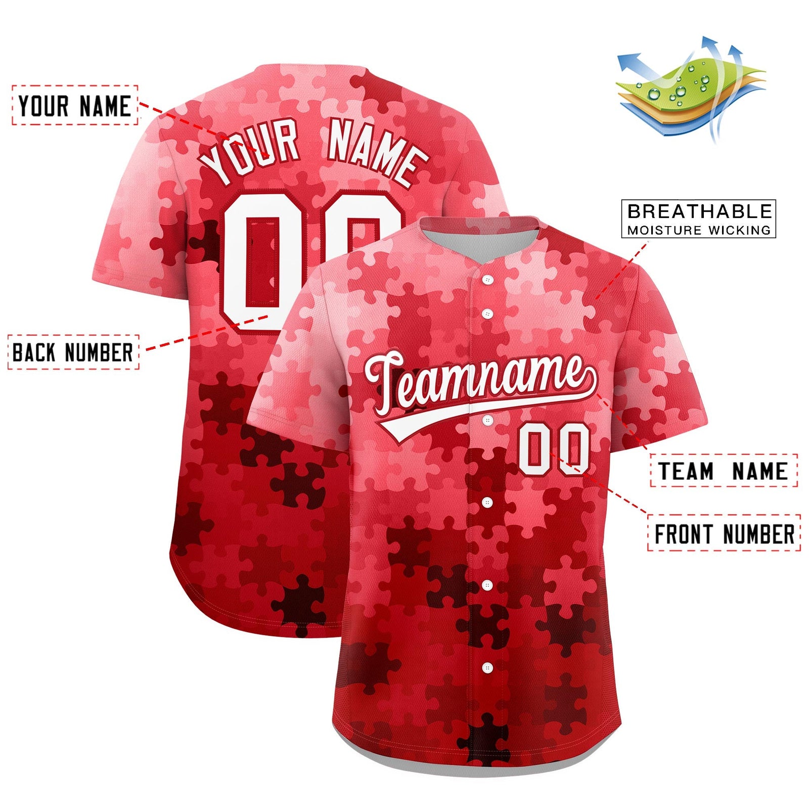 Custom Red White Puzzle Elements Baseball Jersey | Sublimation Printed & Stitched,Add Name and Numbern,Perfect for Teams | KXKSHOP