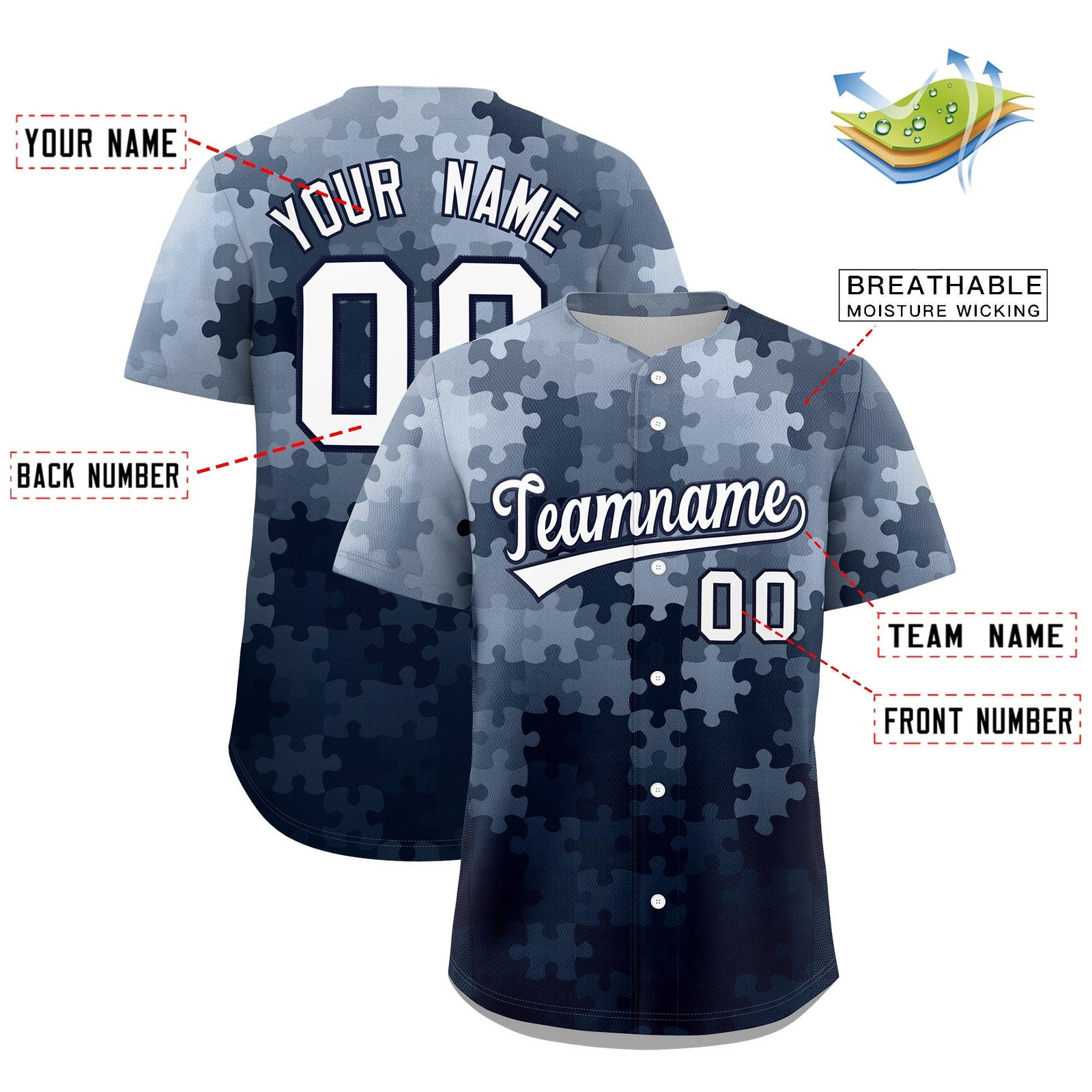 Custom White Navy Puzzle Elements Baseball Jersey | Sublimation Printed & Stitched,Add Name and Numbern,Perfect for Teams | KXKSHOP