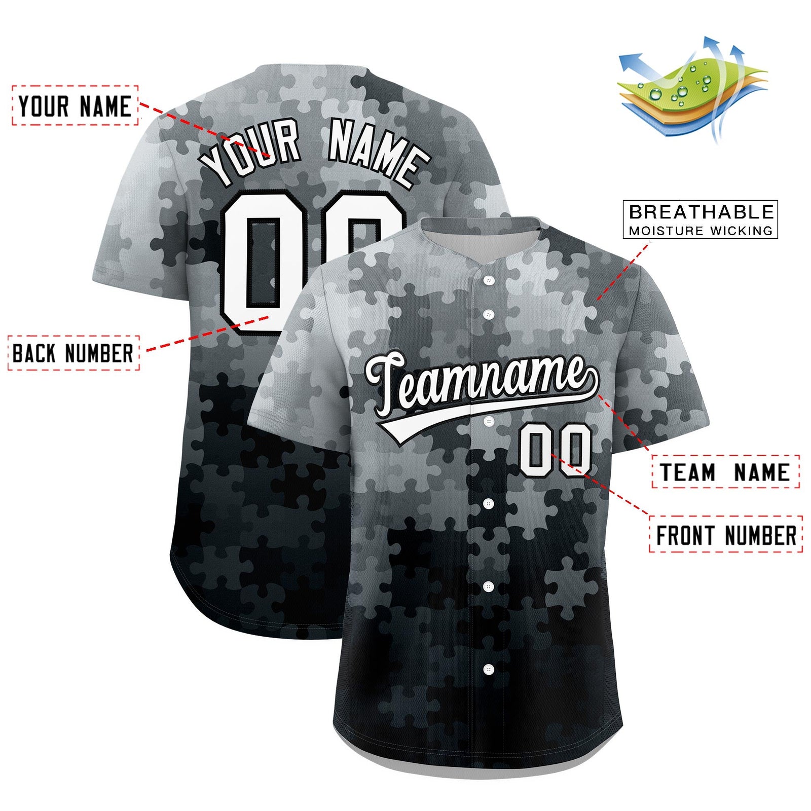 Custom Black White Puzzle Elements Baseball Jersey | Sublimation Printed & Stitched,Add Name and Numbern,Perfect for Teams | KXKSHOP