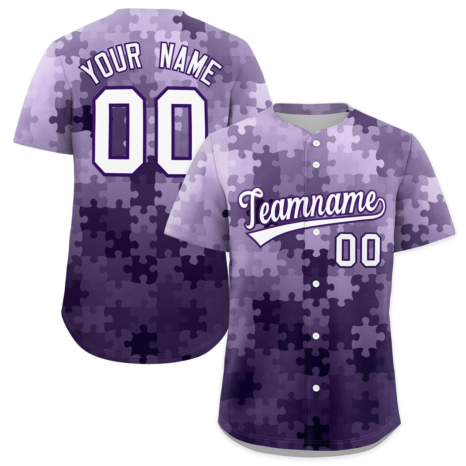 Custom White Purple Puzzle Elements Baseball Jersey | Sublimation Printed & Stitched,Add Name and Numbern,Perfect for Teams | KXKSHOP