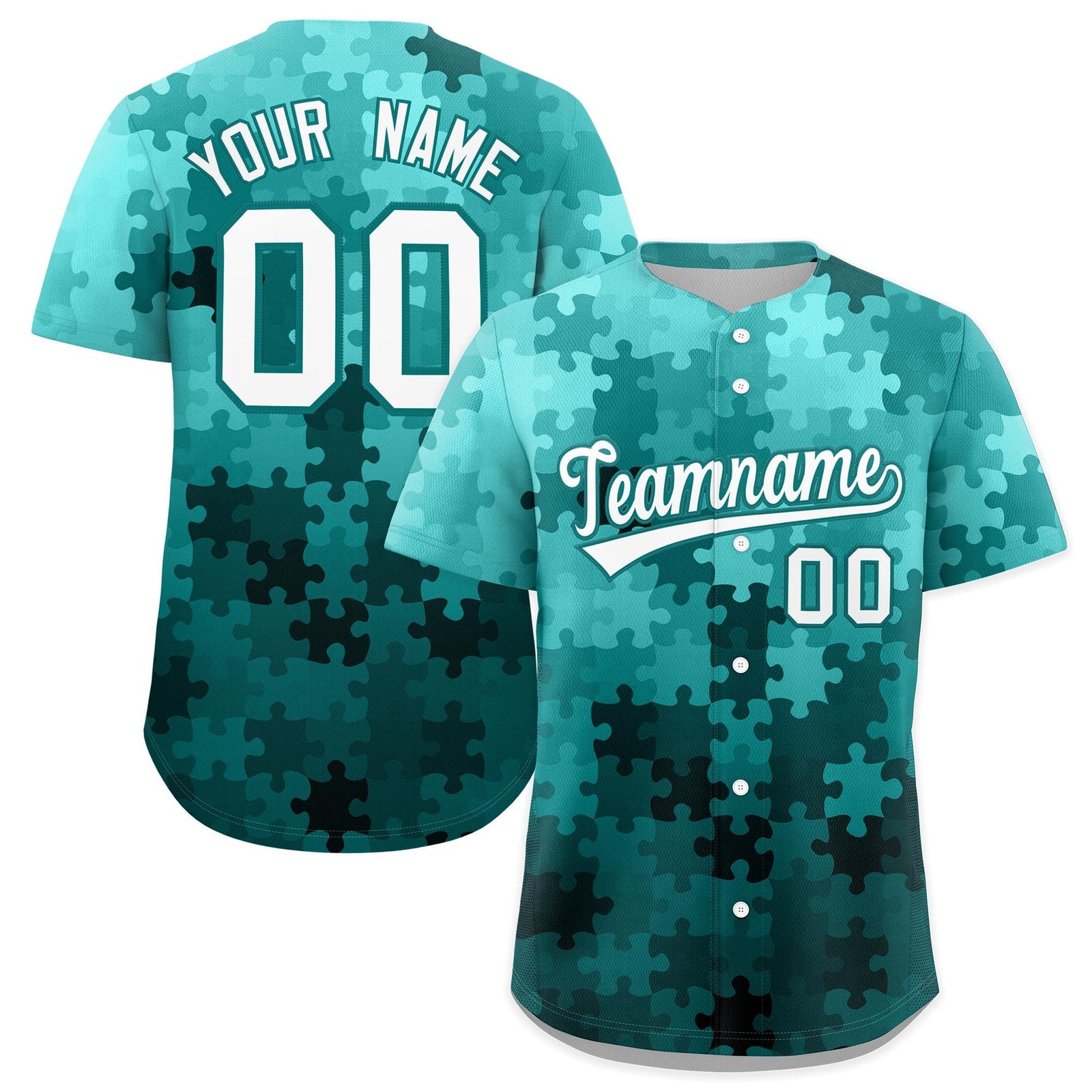 Custom White Aqua Puzzle Elements Baseball Jersey | Sublimation Printed & Stitched,Add Name and Numbern,Perfect for Teams | KXKSHOP