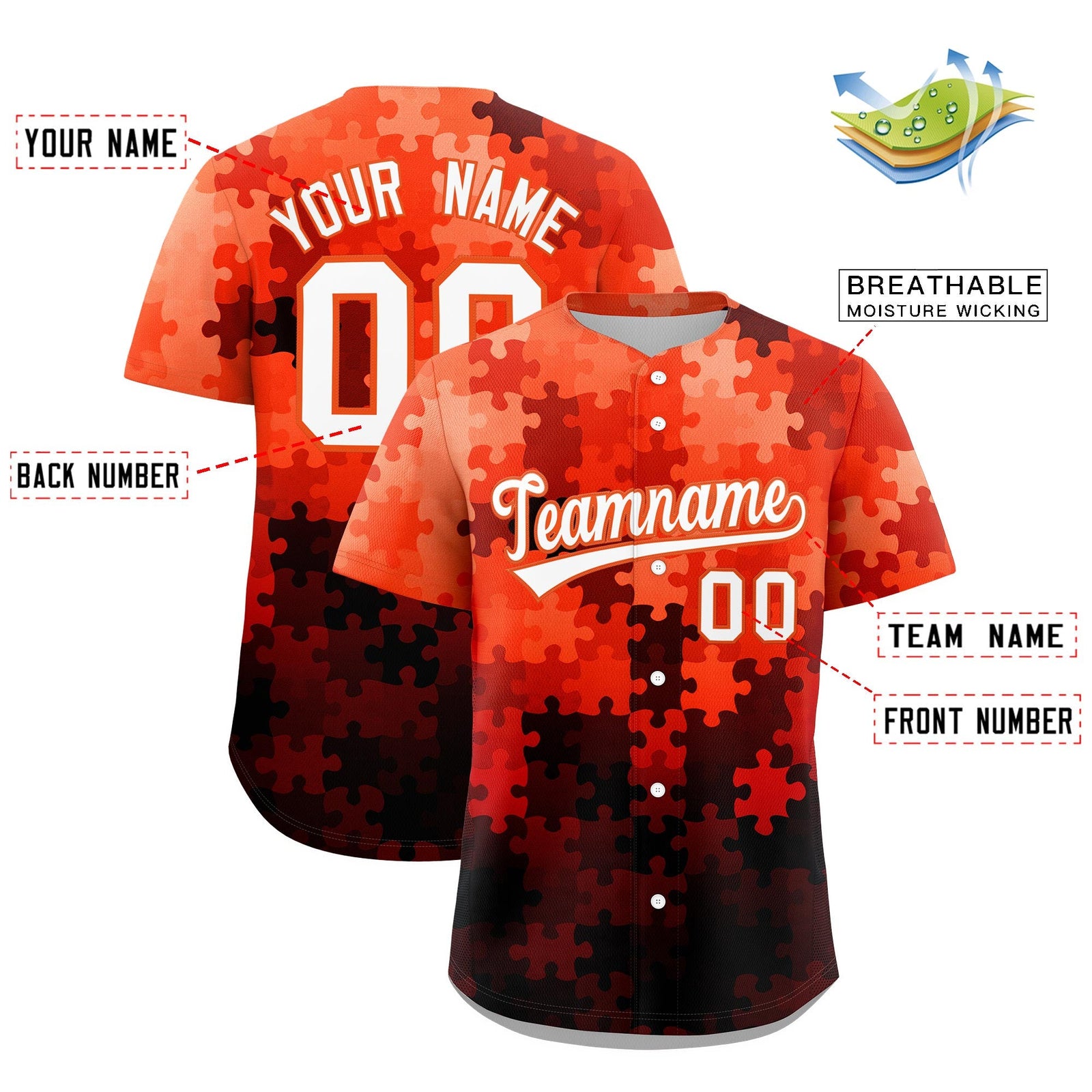 Custom White Orange Puzzle Elements Baseball Jersey | Sublimation Printed & Stitched,Add Name and Numbern,Perfect for Teams | KXKSHOP