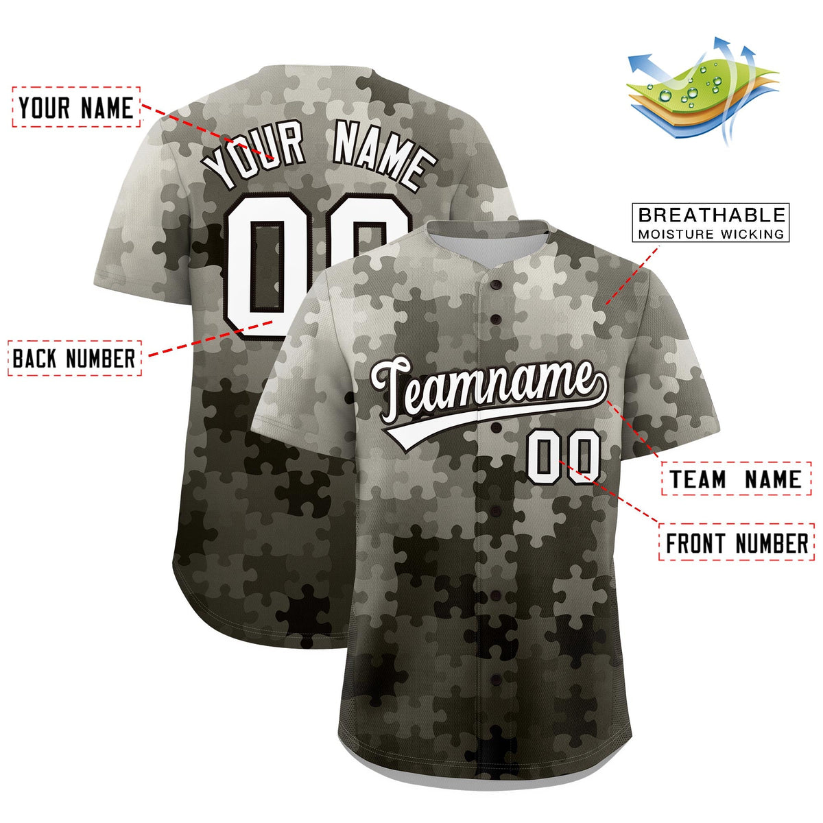 Custom Gray White Black Puzzle Elements Baseball Jersey | Sublimation Printed &amp; Stitched,Add Name and Numbern,Perfect for Teams | KXKSHOP