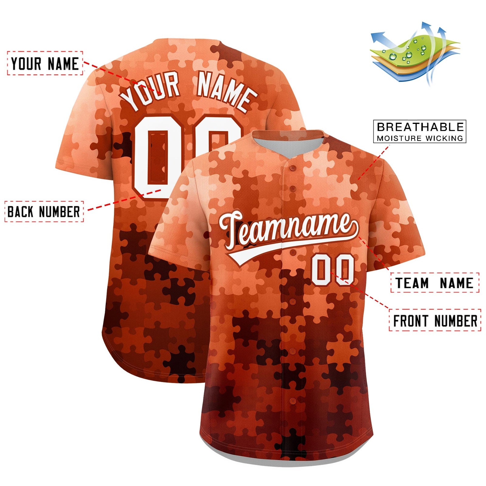 Custom White Dark Orange Puzzle Elements Baseball Jersey | Sublimation Printed & Stitched,Add Name and Numbern,Perfect for Teams | KXKSHOP