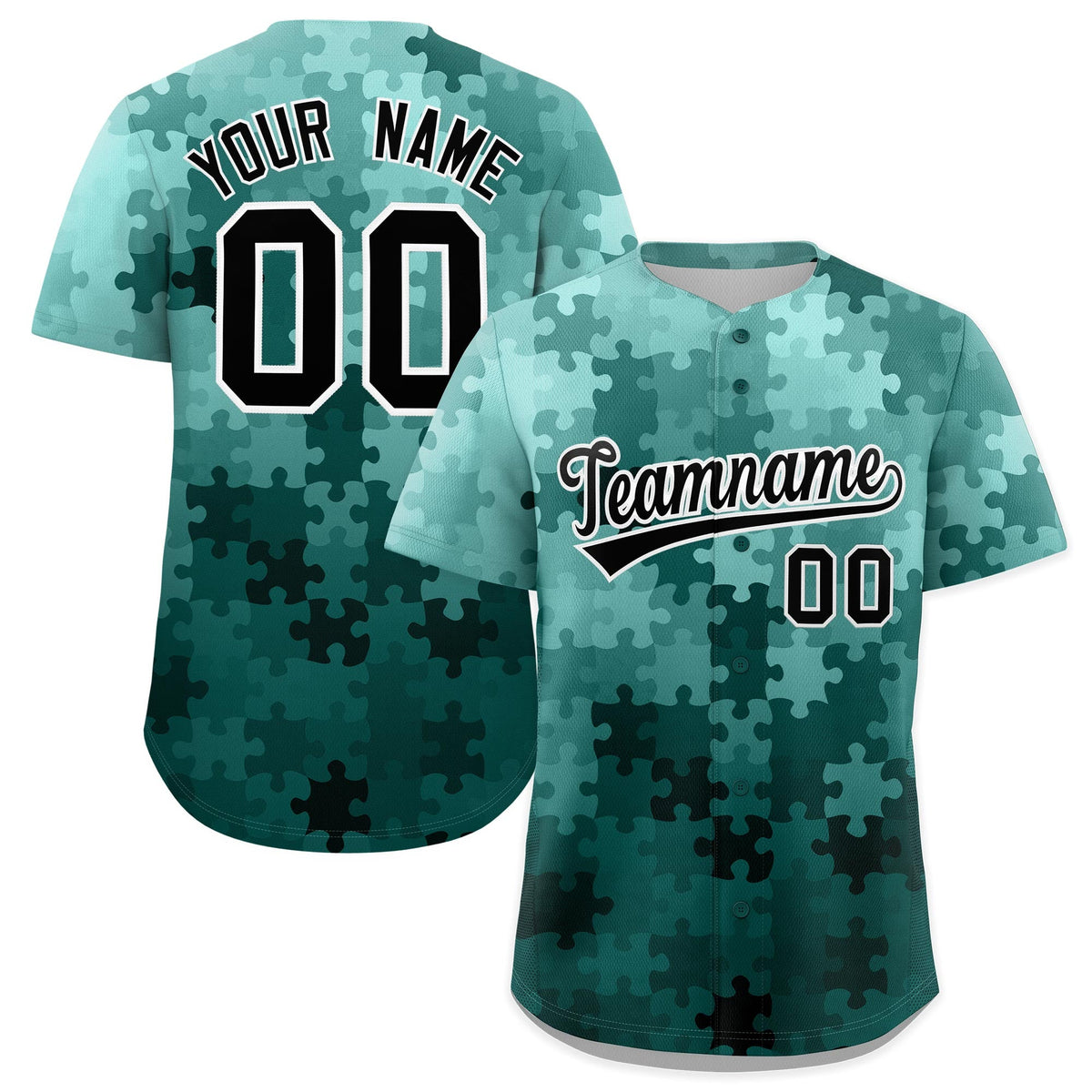 Custom Aqua Black White Puzzle Elements Baseball Jersey | Sublimation Printed &amp; Stitched,Add Name and Numbern,Perfect for Teams | KXKSHOP
