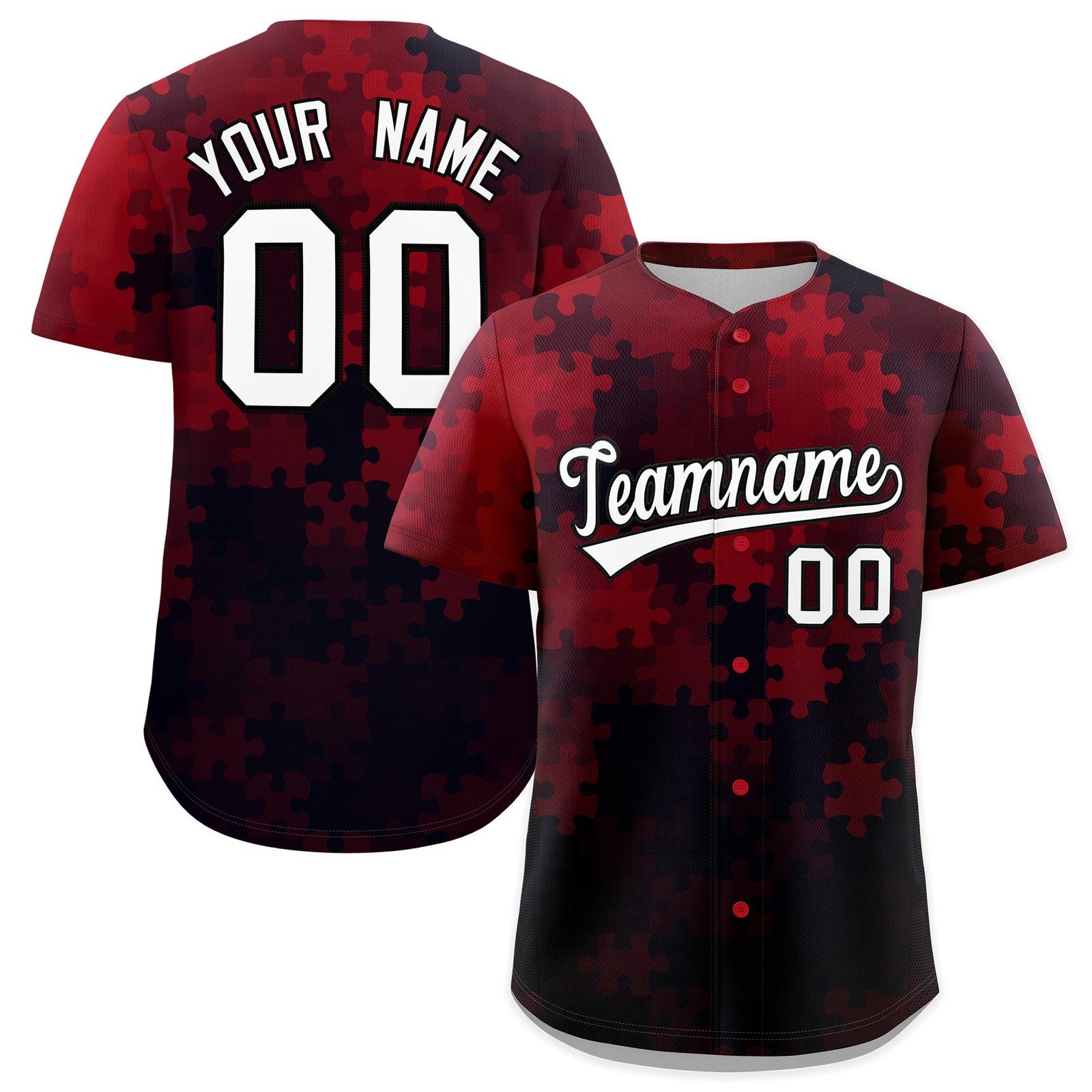 Custom Red White Black Puzzle Elements Baseball Jersey | Sublimation Printed & Stitched,Add Name and Numbern,Perfect for Teams | KXKSHOP