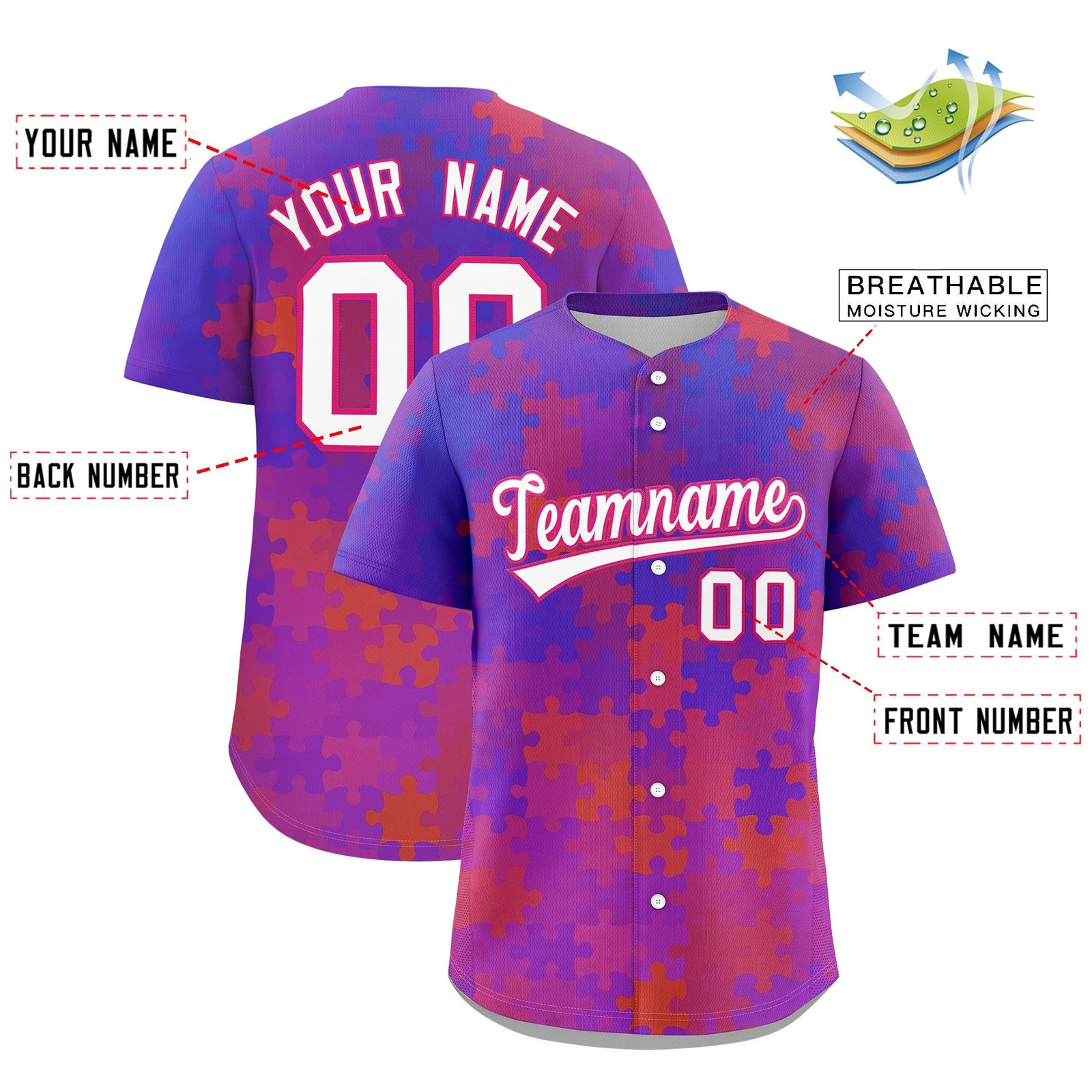 Custom White Rose Red Puzzle Elements Baseball Jersey | Sublimation Printed & Stitched,Add Name and Numbern,Perfect for Teams | KXKSHOP