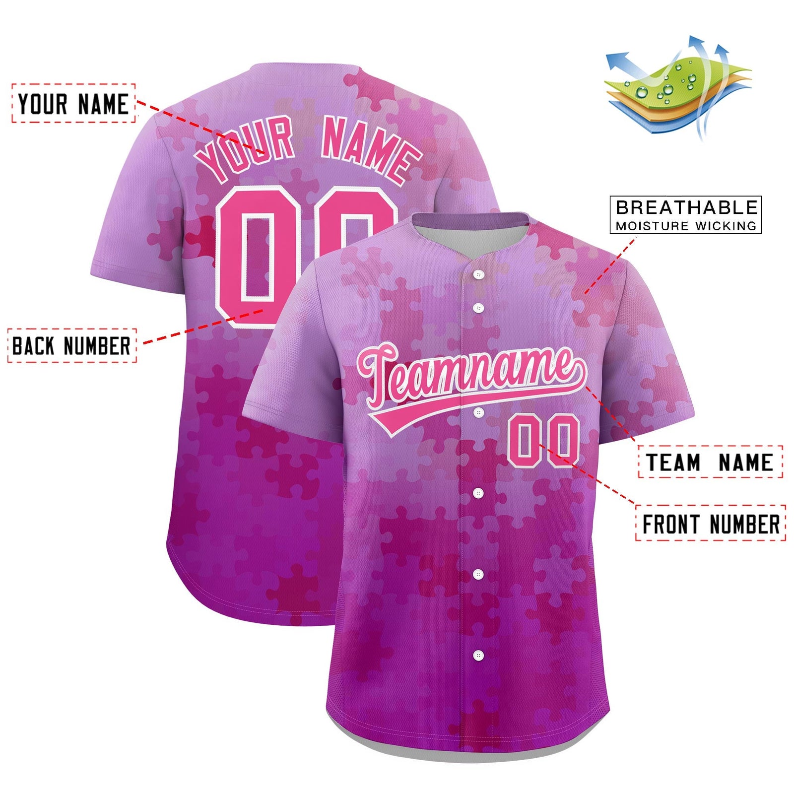 Custom Pink White Puzzle Elements Baseball Jersey | Sublimation Printed & Stitched,Add Name and Numbern,Perfect for Teams | KXKSHOP