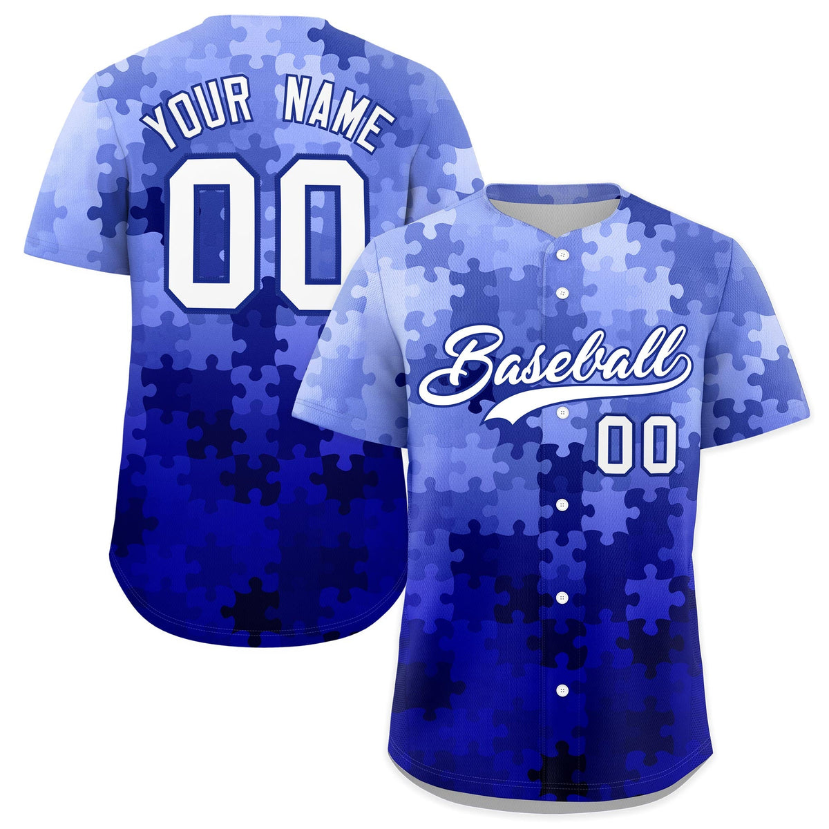 Custom White Royal Blue Puzzle Elements Baseball Jersey | Sublimation Printed & Stitched,Add Name and Numbern,Perfect for Teams | KXKSHOP