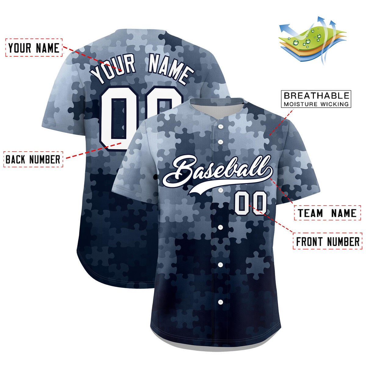 Custom White Navy Puzzle Elements Baseball Jersey | Sublimation Printed &amp; Stitched,Add Name and Numbern,Perfect for Teams | KXKSHOP