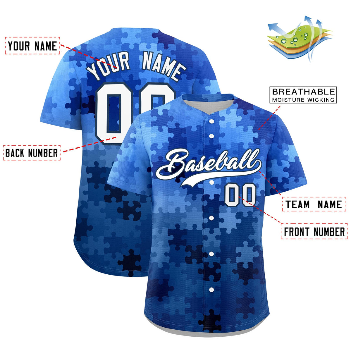 Custom White Midnight Blue Puzzle Elements Baseball Jersey | Sublimation Printed & Stitched,Add Name and Numbern,Perfect for Teams | KXKSHOP