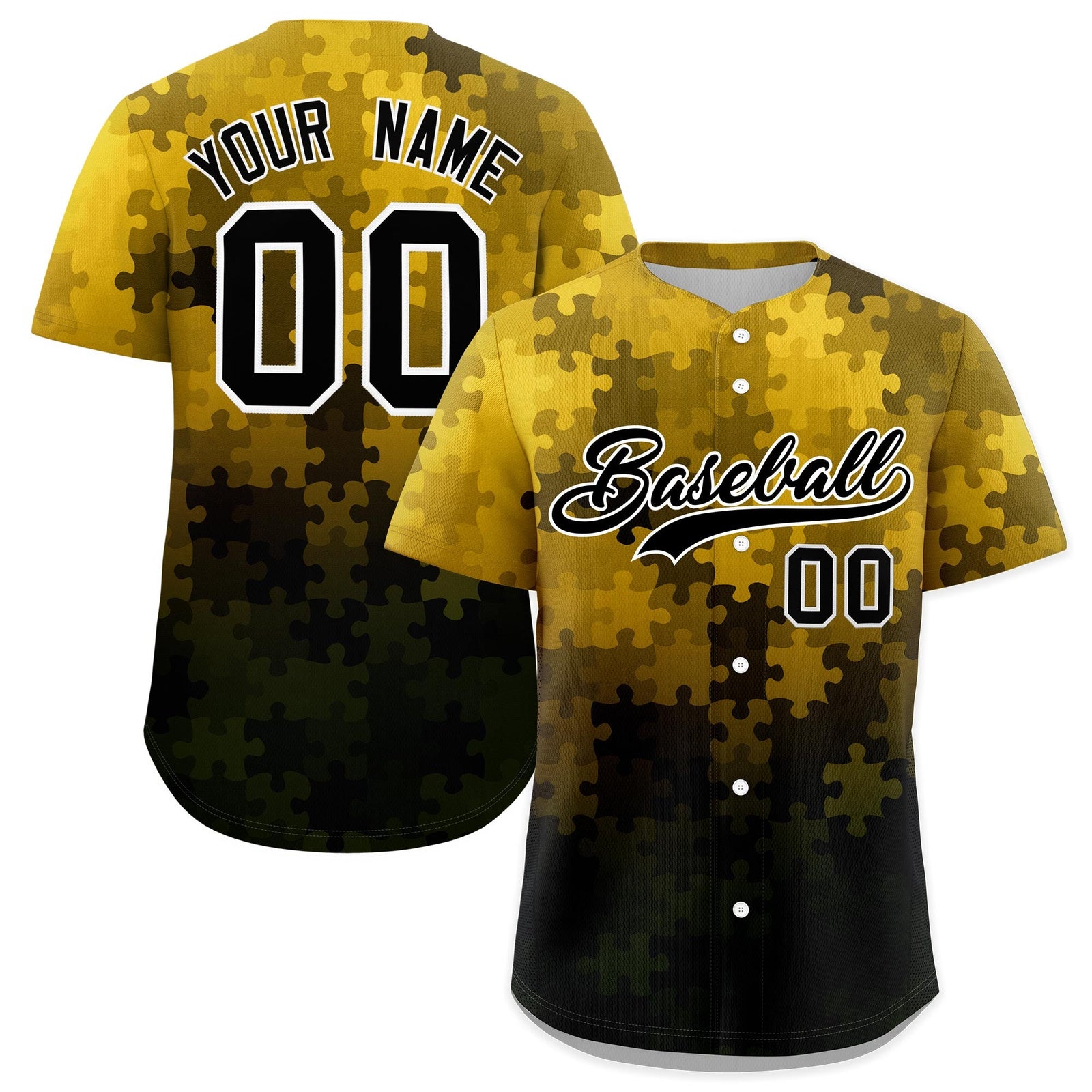 Custom Gold Black White Puzzle Elements Baseball Jersey | Sublimation Printed & Stitched,Add Name and Numbern,Perfect for Teams | KXKSHOP
