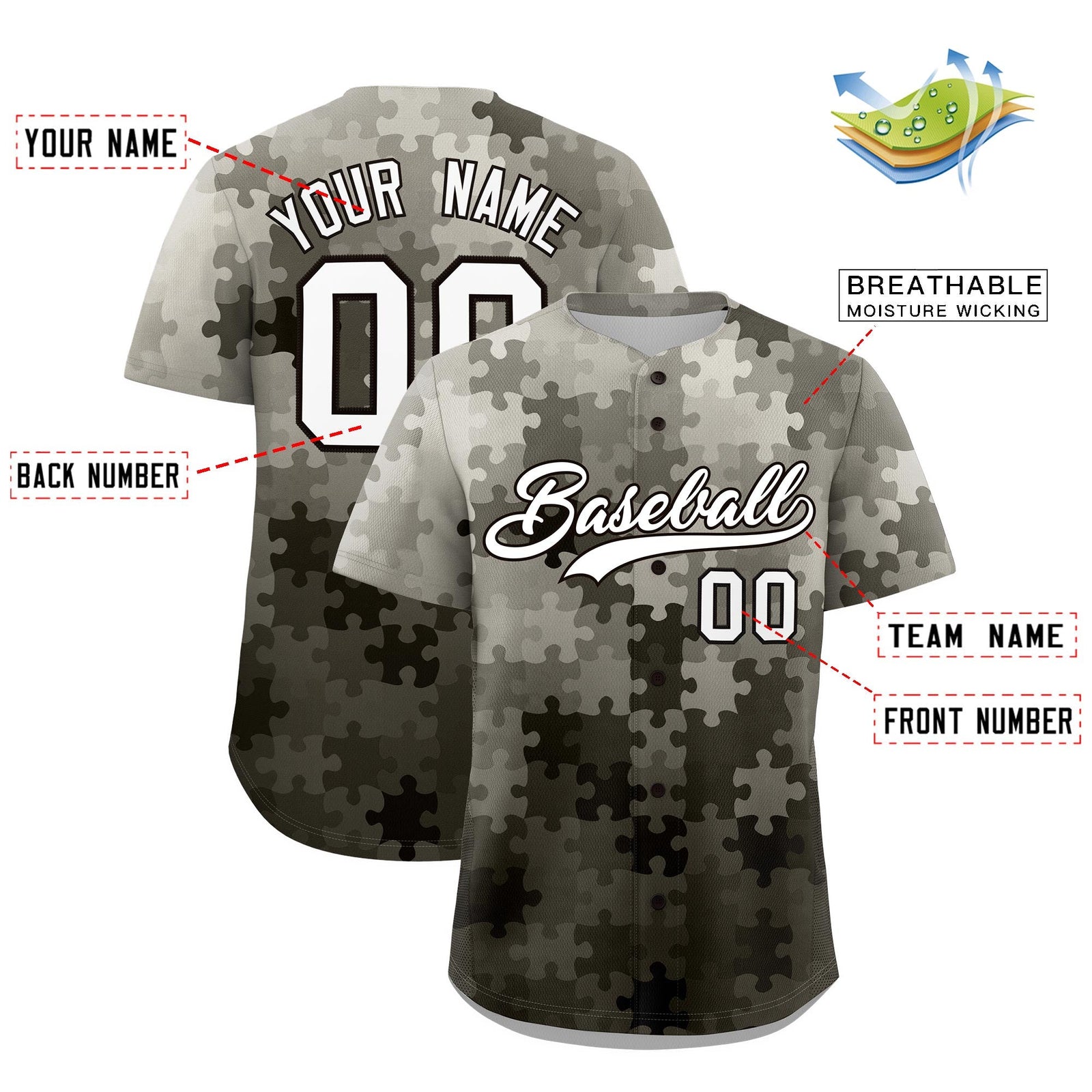 Custom Gray White Black Puzzle Elements Baseball Jersey | Sublimation Printed & Stitched,Add Name and Numbern,Perfect for Teams | KXKSHOP
