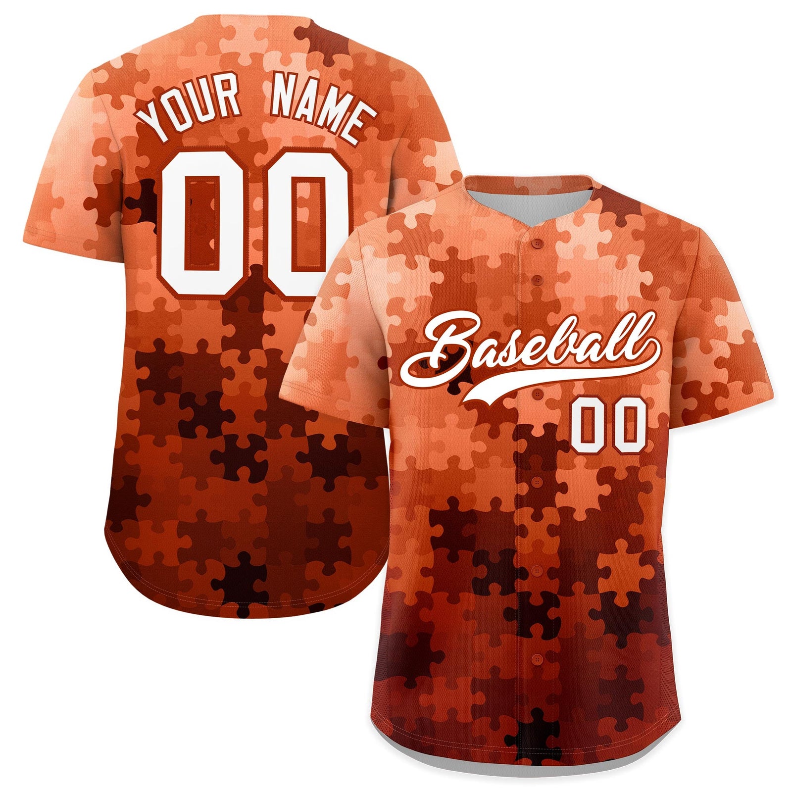Custom White Dark Orange Puzzle Elements Baseball Jersey | Sublimation Printed & Stitched,Add Name and Numbern,Perfect for Teams | KXKSHOP