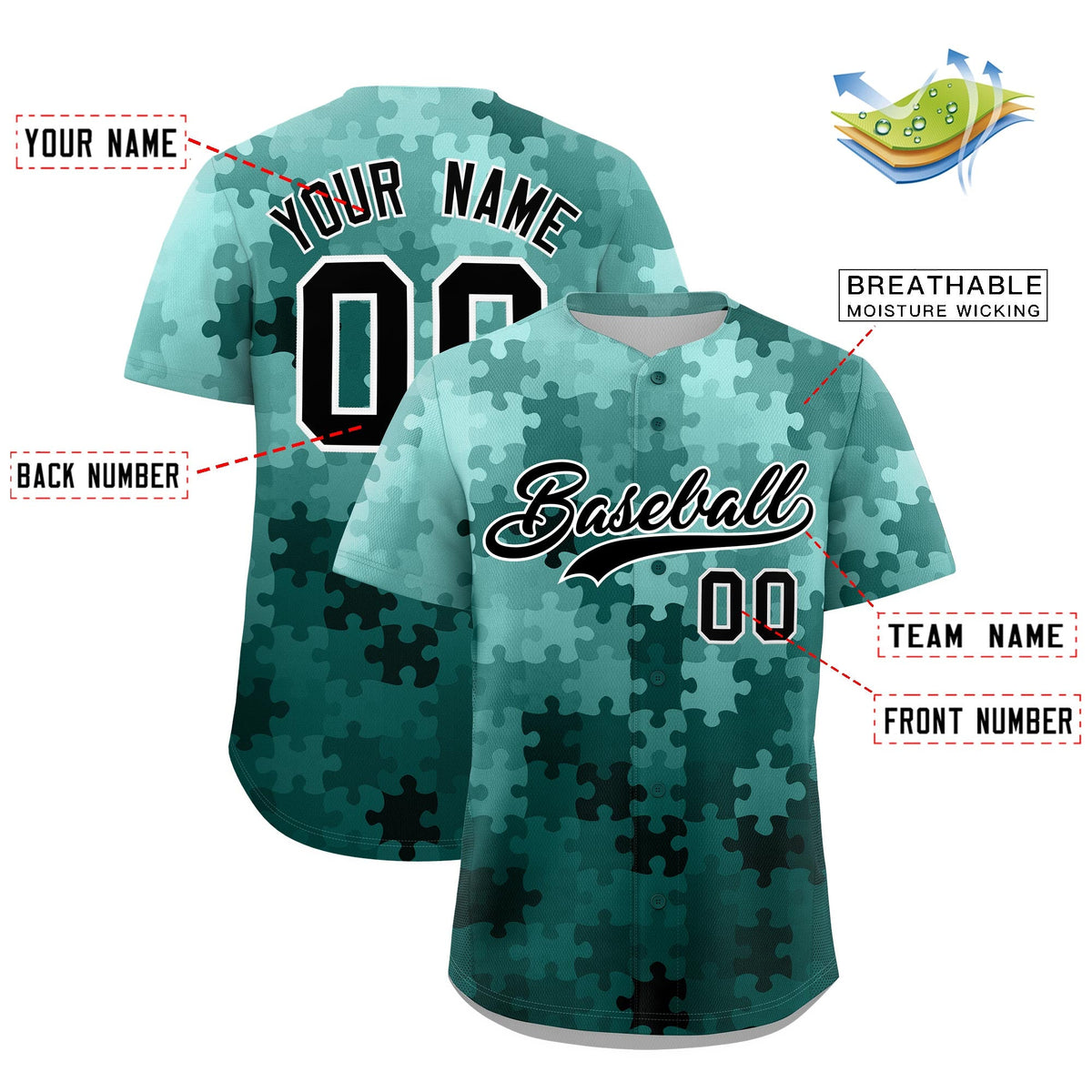 Custom Aqua Black White Puzzle Elements Baseball Jersey | Sublimation Printed &amp; Stitched,Add Name and Numbern,Perfect for Teams | KXKSHOP