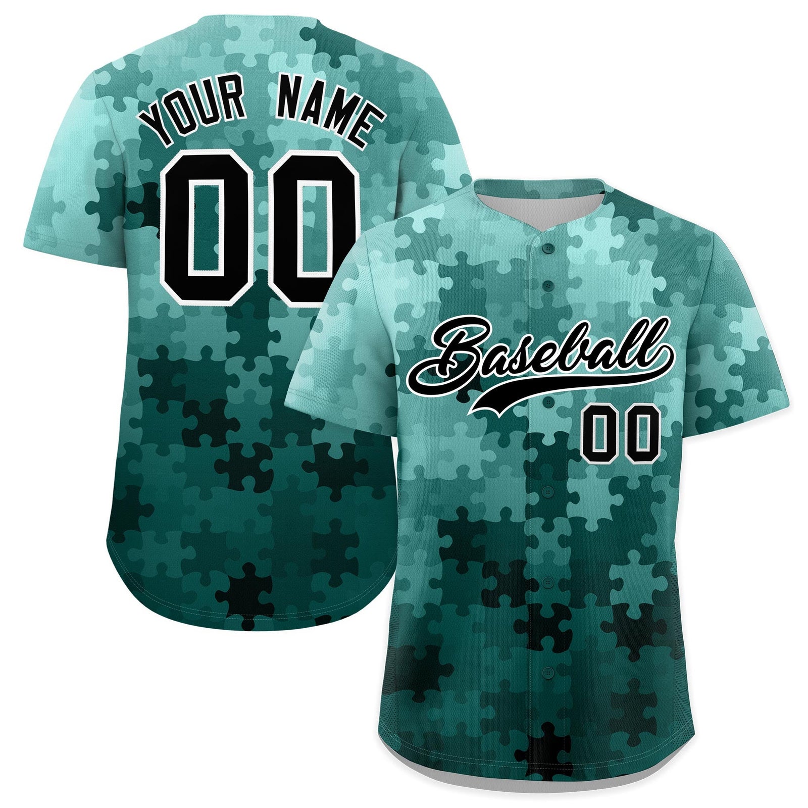 Custom Aqua Black White Puzzle Elements Baseball Jersey | Sublimation Printed & Stitched,Add Name and Numbern,Perfect for Teams | KXKSHOP