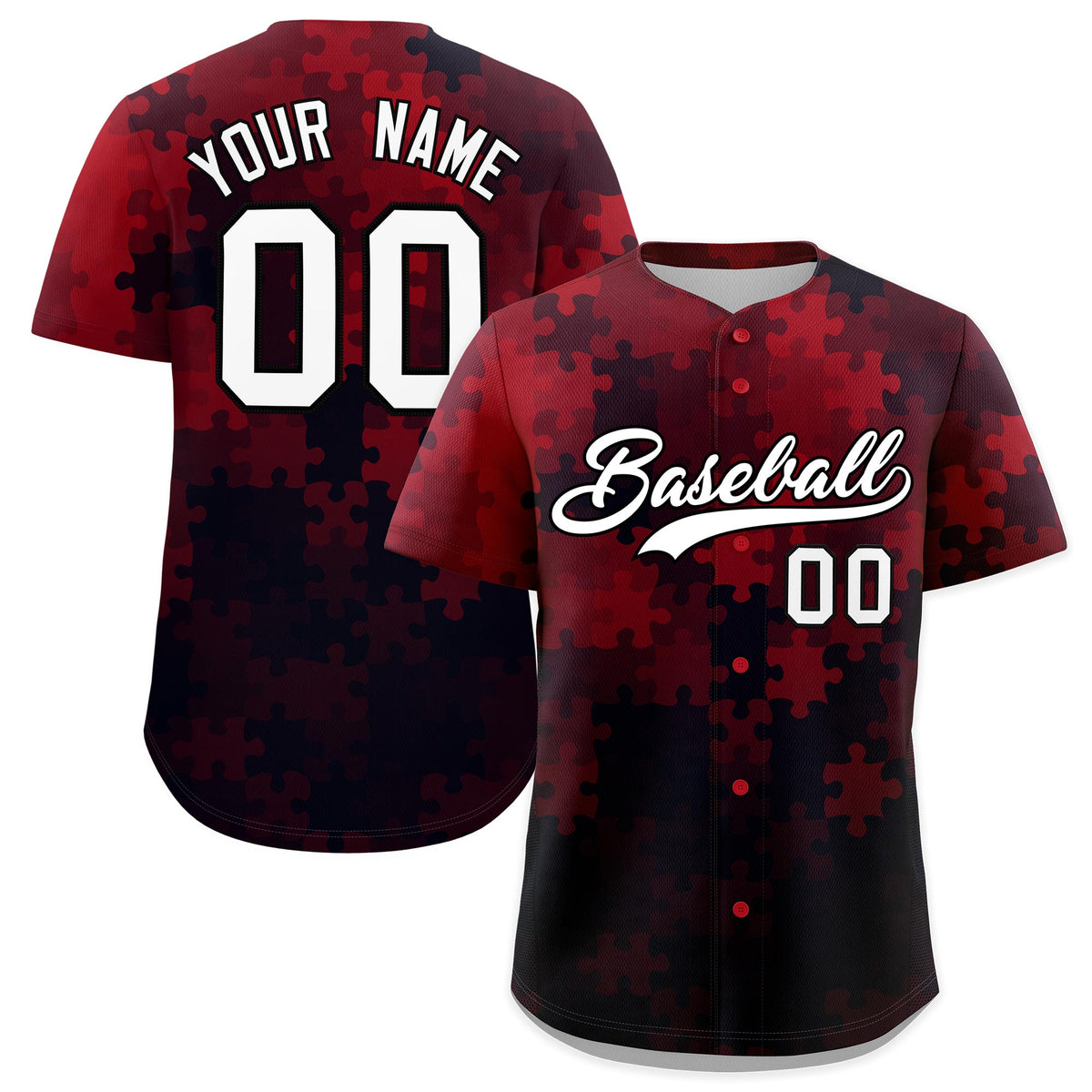 Custom Red White Black Puzzle Elements Baseball Jersey | Sublimation Printed & Stitched,Add Name and Numbern,Perfect for Teams | KXKSHOP