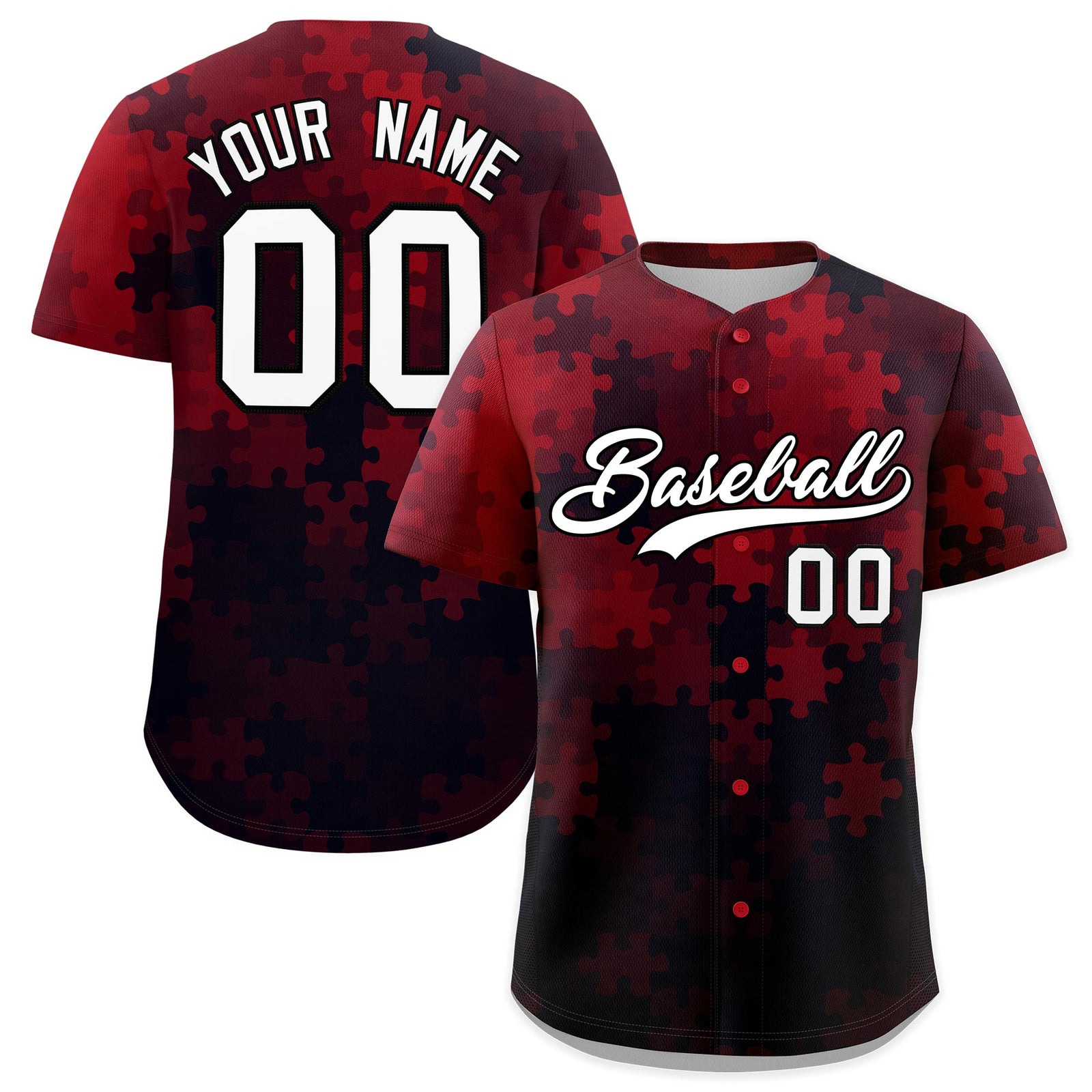 Custom Red White Black Puzzle Elements Baseball Jersey | Sublimation Printed & Stitched,Add Name and Numbern,Perfect for Teams | KXKSHOP