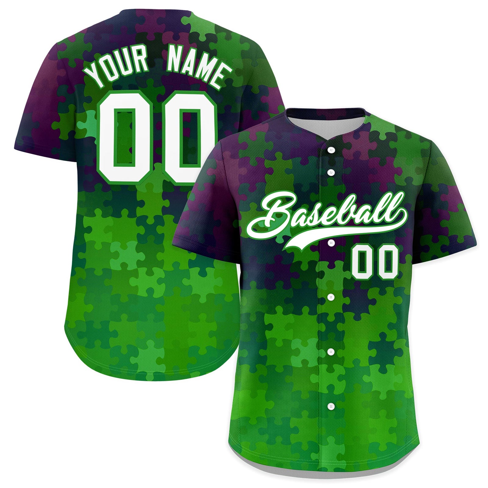 Custom White Light Green Puzzle Elements Baseball Jersey | Sublimation Printed & Stitched,Add Name and Numbern,Perfect for Teams | KXKSHOP