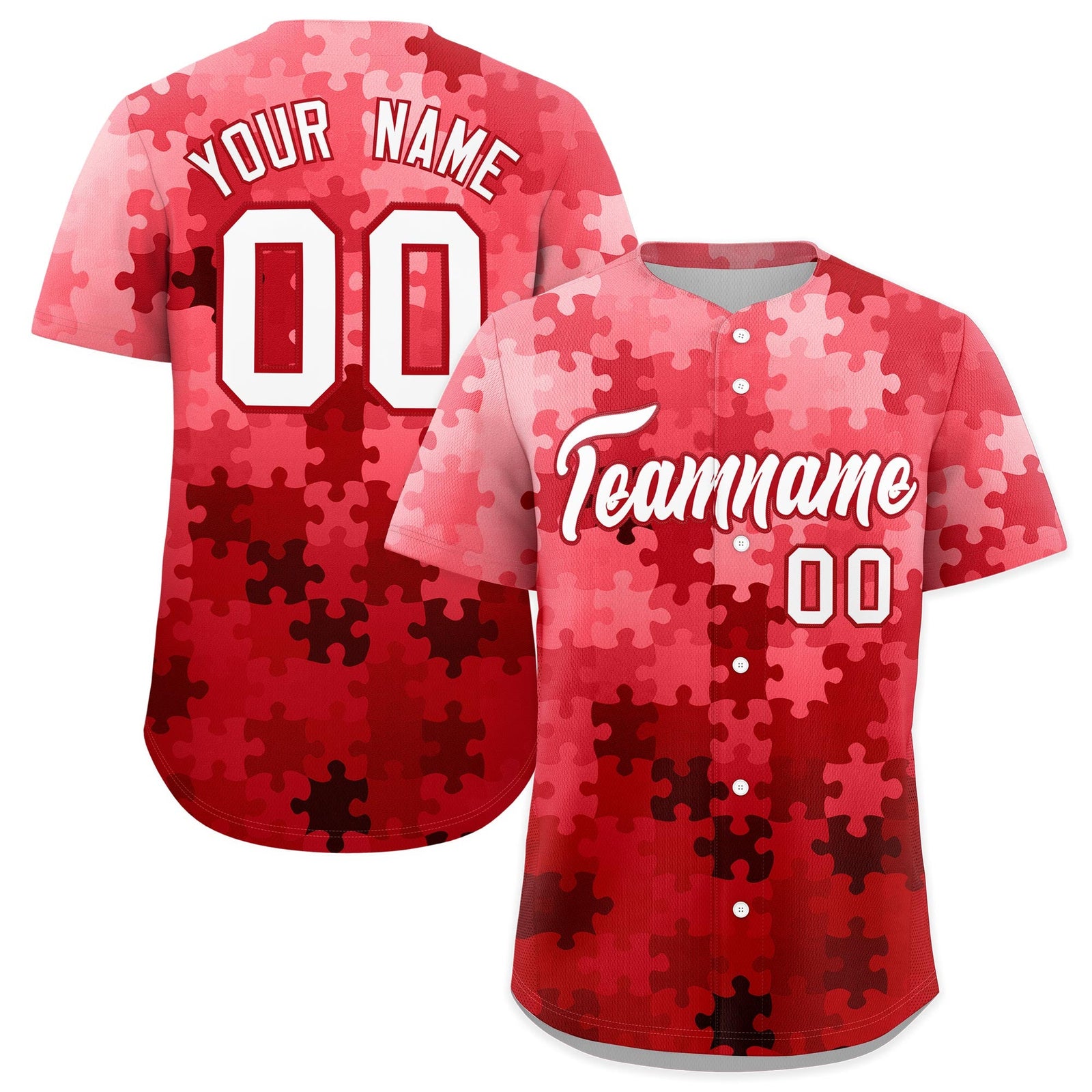 Custom Red White Puzzle Elements Baseball Jersey | Sublimation Printed & Stitched,Add Name and Numbern,Perfect for Teams | KXKSHOP