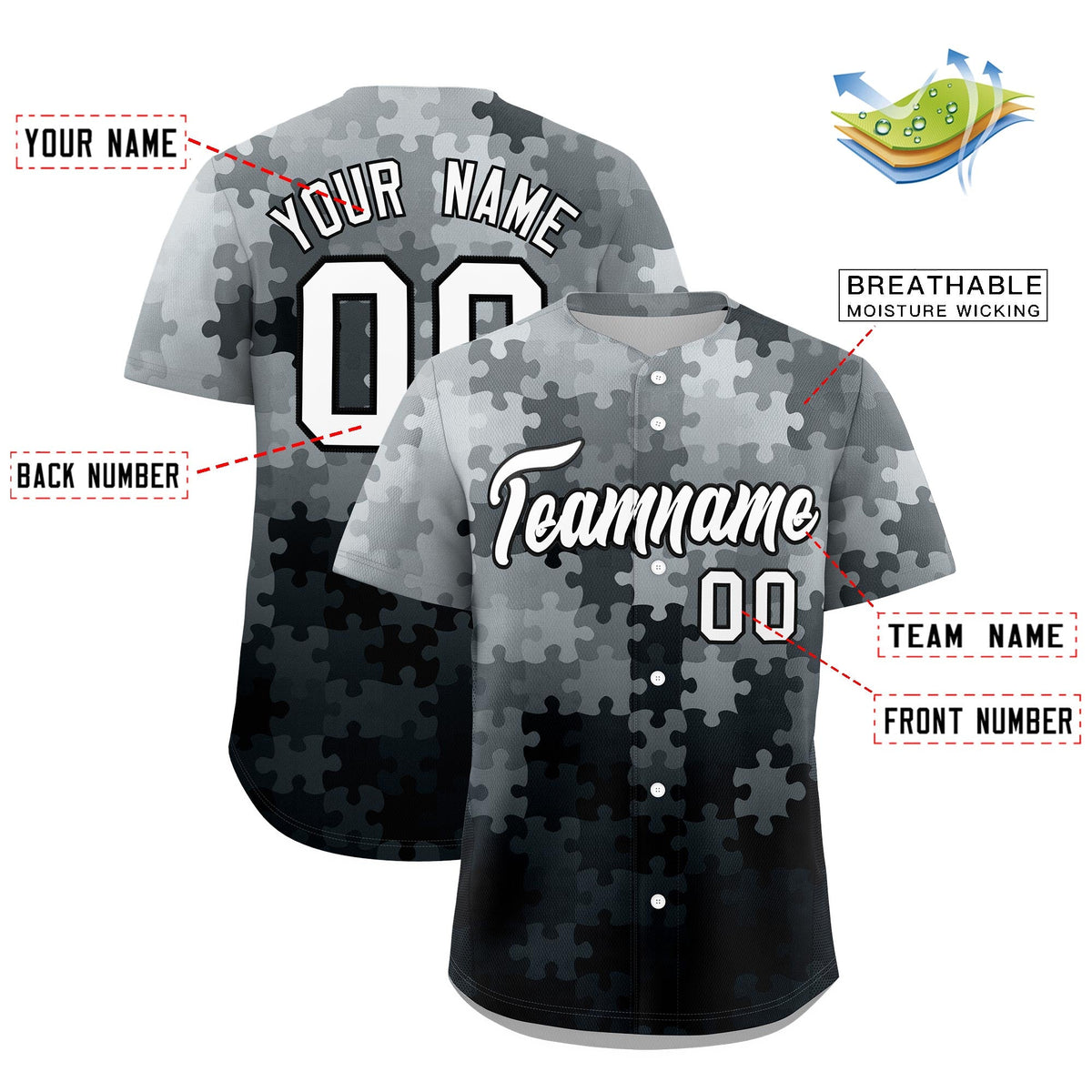 Custom Black White Puzzle Elements Baseball Jersey | Sublimation Printed & Stitched,Add Name and Numbern,Perfect for Teams | KXKSHOP