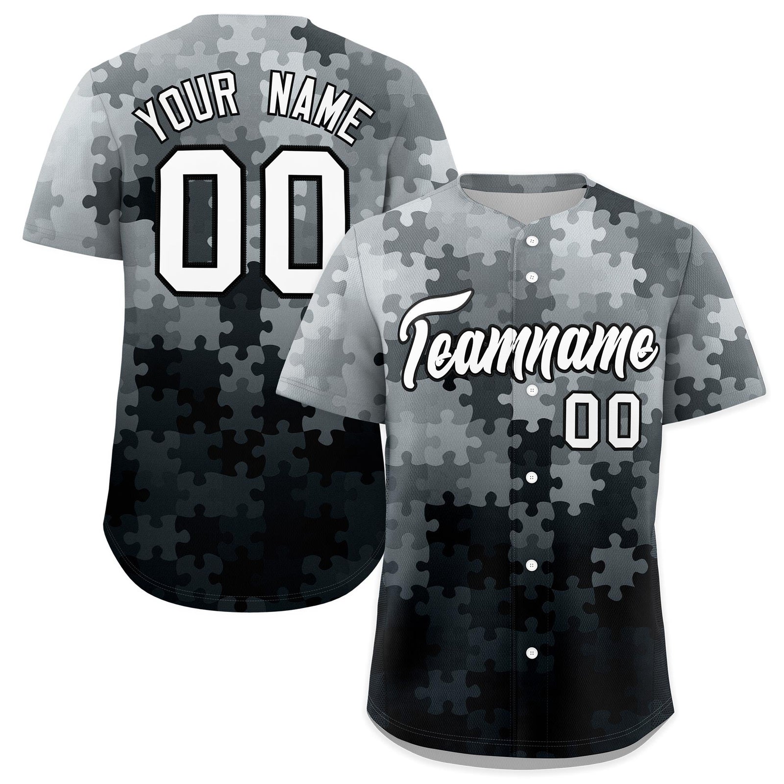 Custom Black White Puzzle Elements Baseball Jersey | Sublimation Printed & Stitched,Add Name and Numbern,Perfect for Teams | KXKSHOP