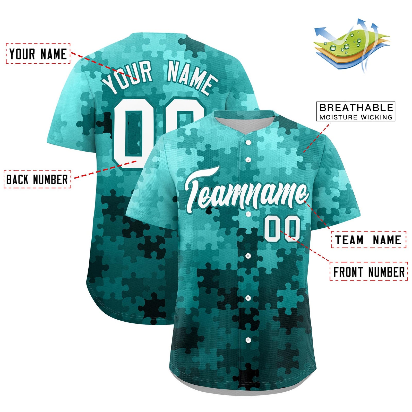 Custom White Aqua Puzzle Elements Baseball Jersey | Sublimation Printed & Stitched,Add Name and Numbern,Perfect for Teams | KXKSHOP