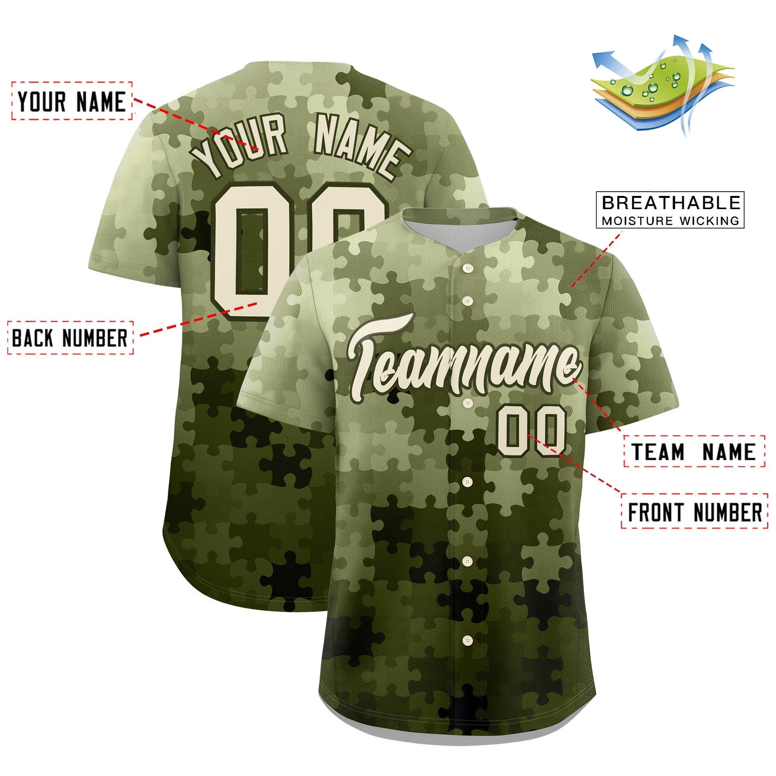 Custom Cream Olive Puzzle Elements Baseball Jersey | Sublimation Printed & Stitched,Add Name and Numbern,Perfect for Teams | KXKSHOP
