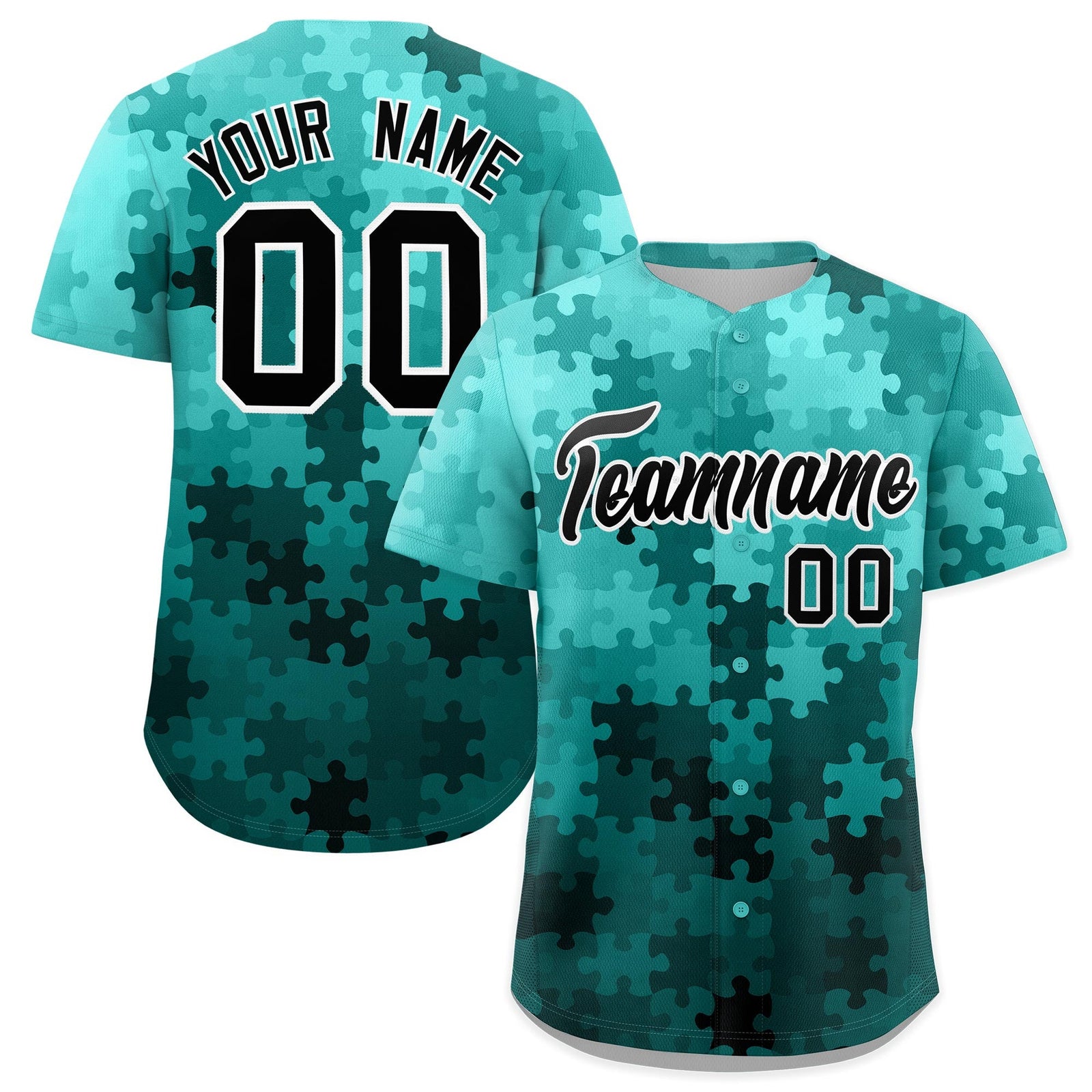 Custom Teal Black White Puzzle Elements Baseball Jersey | Sublimation Printed & Stitched,Add Name and Numbern,Perfect for Teams | KXKSHOP
