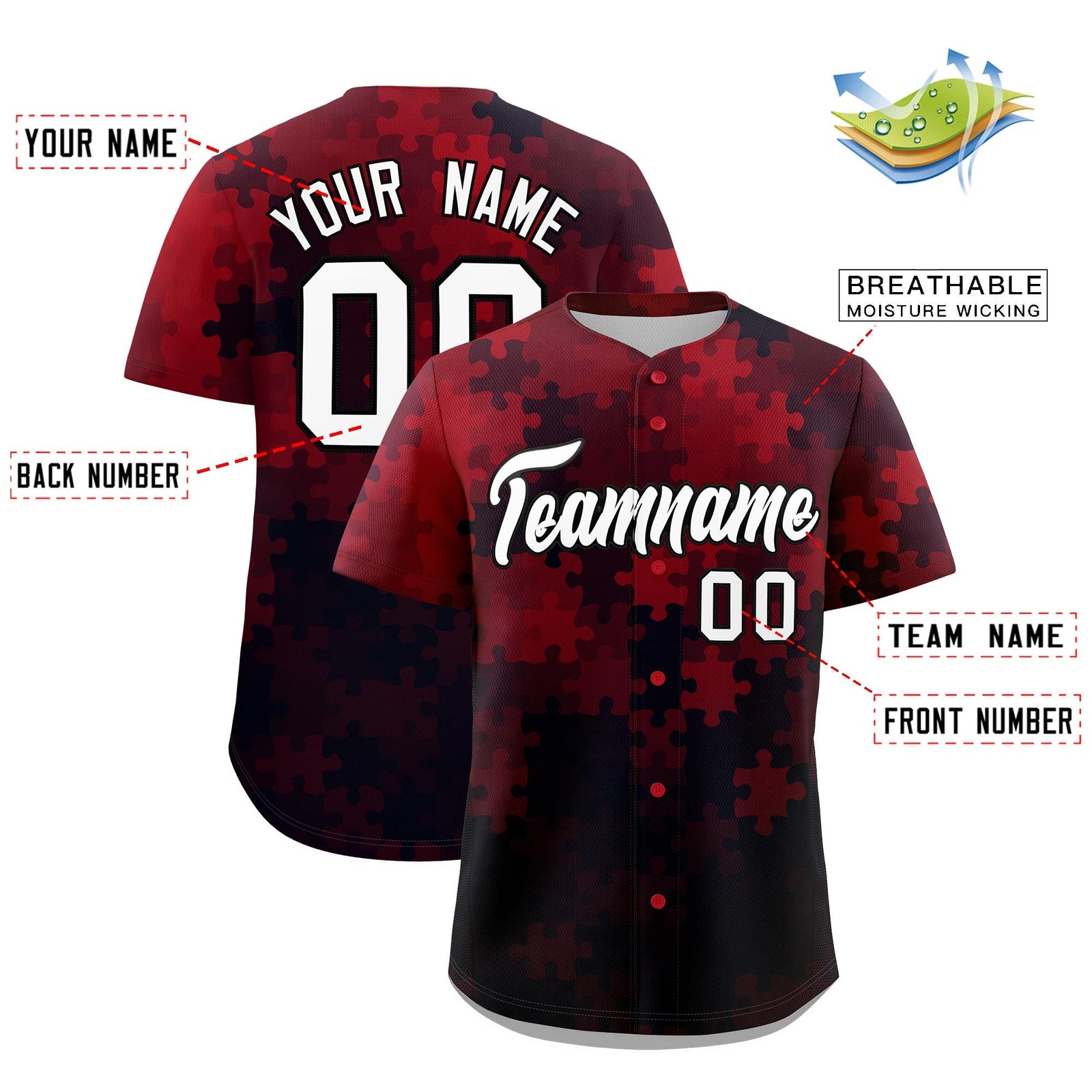 Custom Red White Black Puzzle Elements Baseball Jersey | Sublimation Printed & Stitched,Add Name and Numbern,Perfect for Teams | KXKSHOP