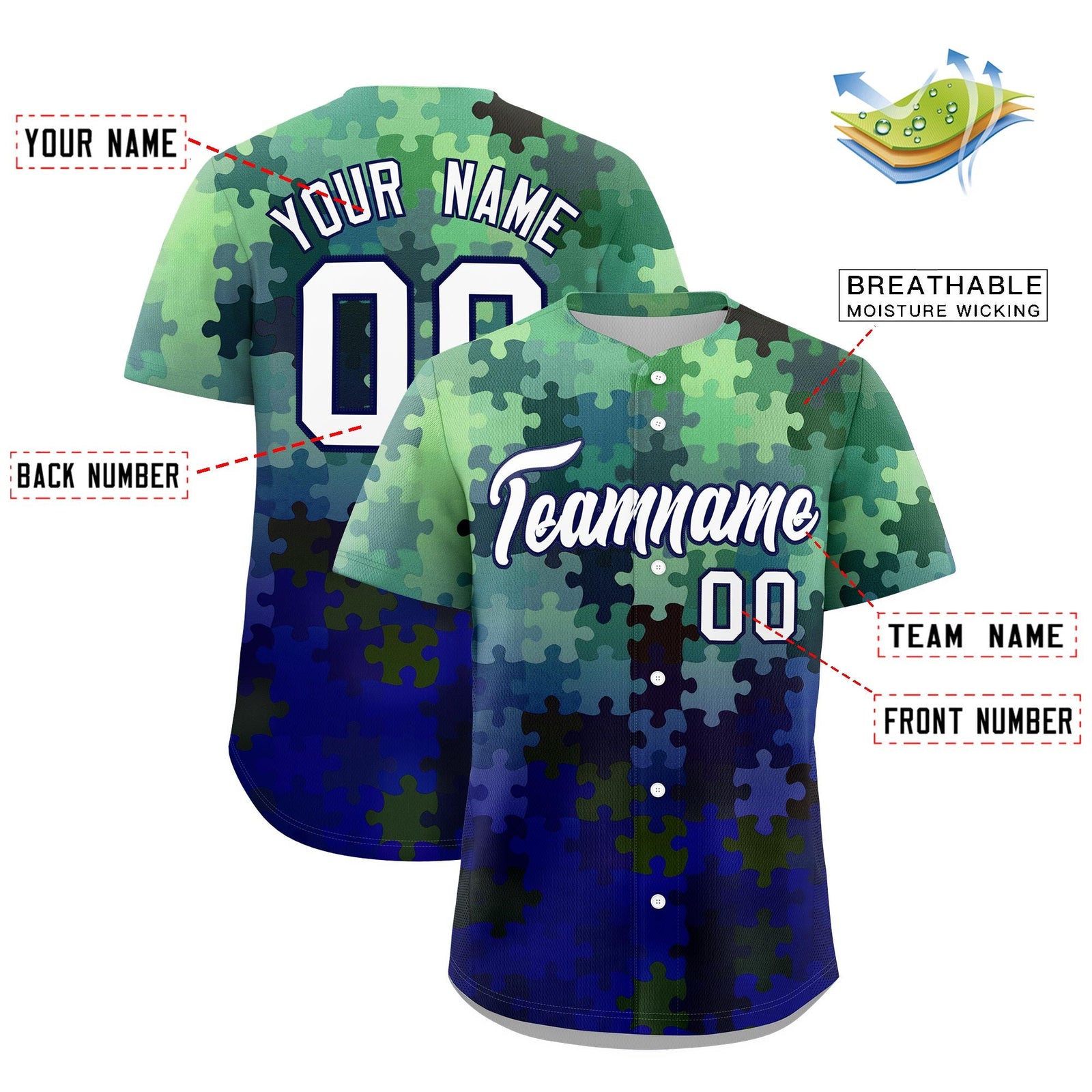 Custom White Dark Blue Puzzle Elements Baseball Jersey | Sublimation Printed & Stitched,Add Name and Numbern,Perfect for Teams | KXKSHOP