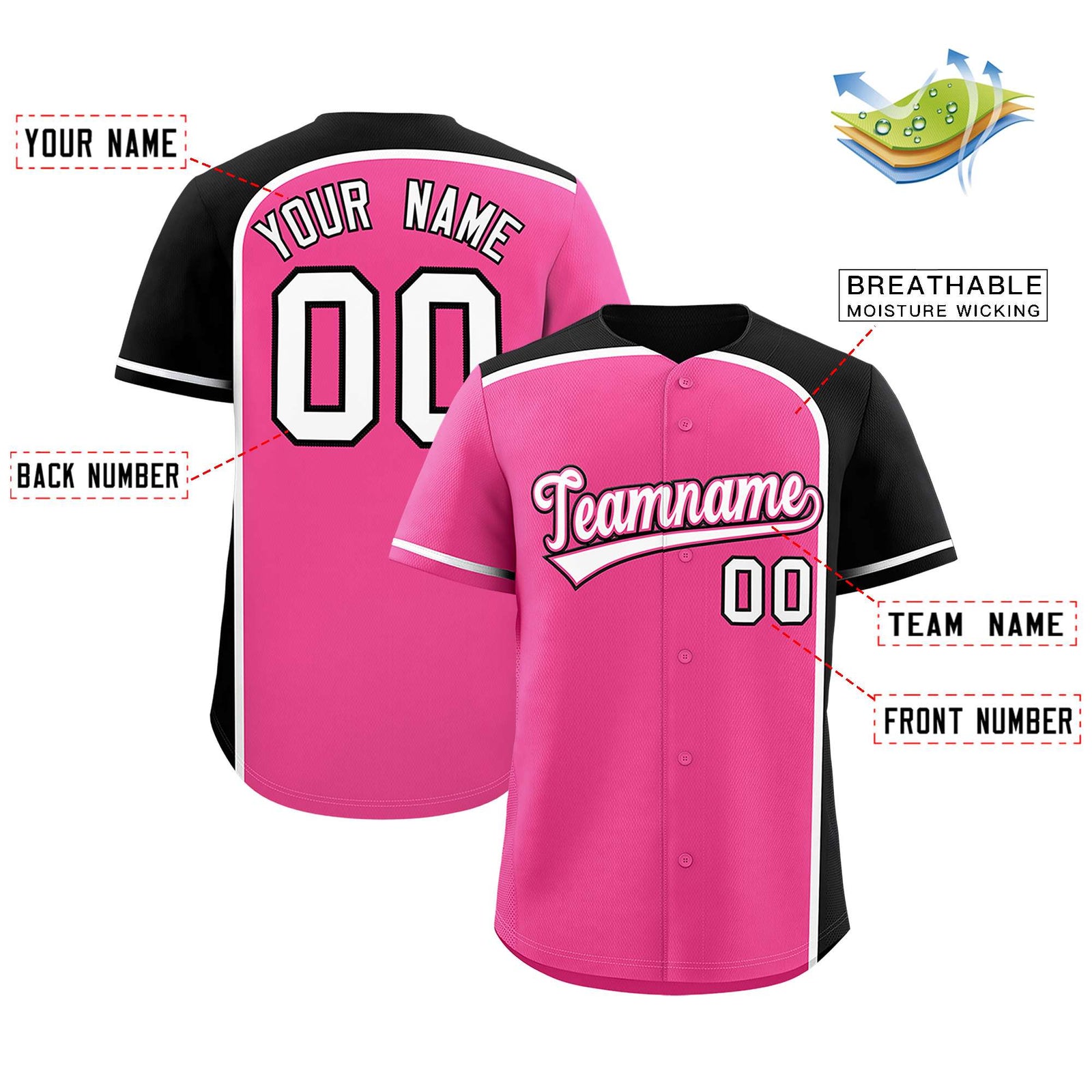 Custom Pink Black Personalized Color Block Authentic Baseball jersey