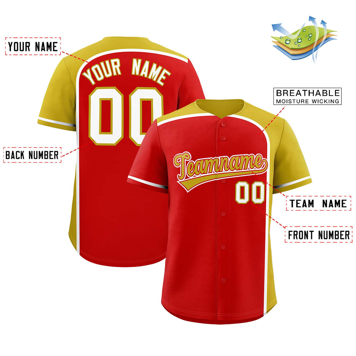 Custom Red Old Gold Personalized Color Block Authentic Baseball jersey