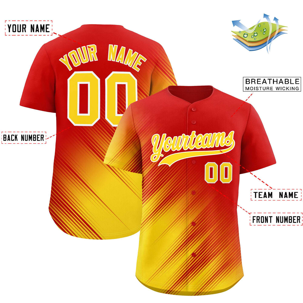 Custom Red Gold Diagonal Stripe Personalized Gradient Fashion Baseball Jersey