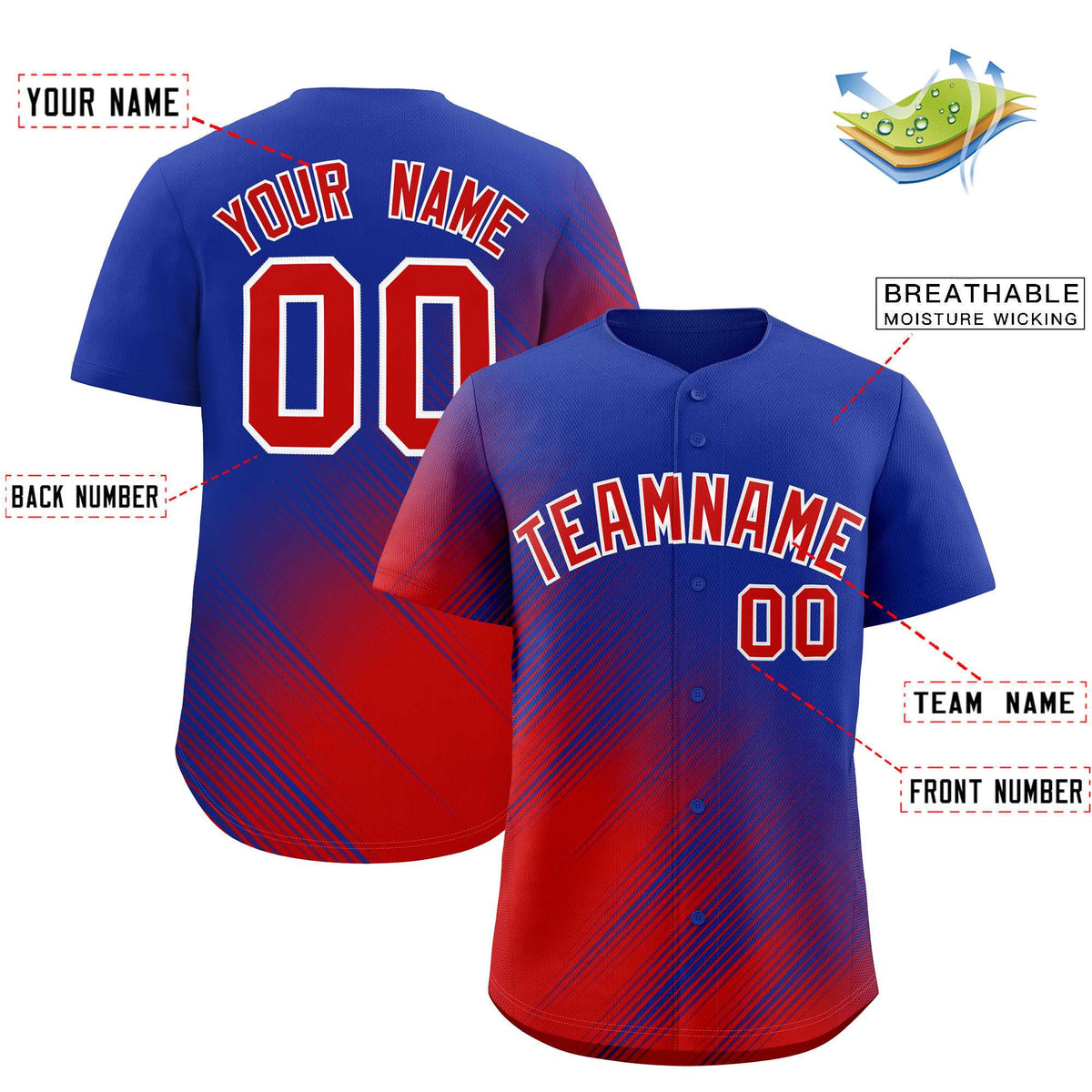 Custom Royal Red Diagonal Stripe Personalized Gradient Fashion Baseball Jersey