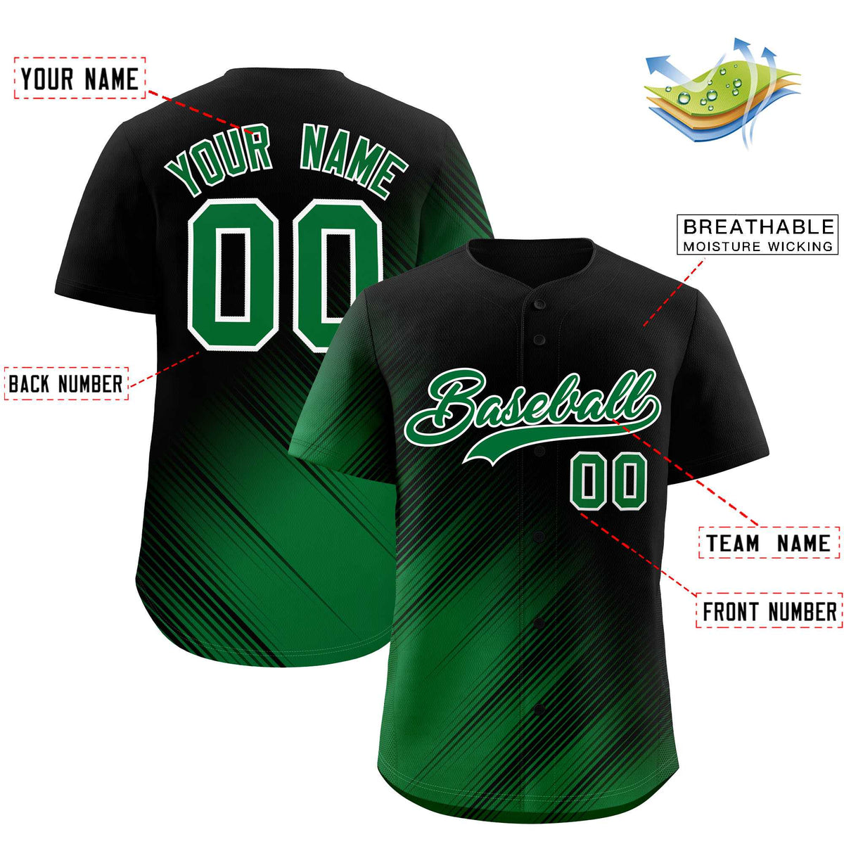 Custom Black Kelly Green Diagonal Stripe Personalized Gradient Fashion Baseball Jersey