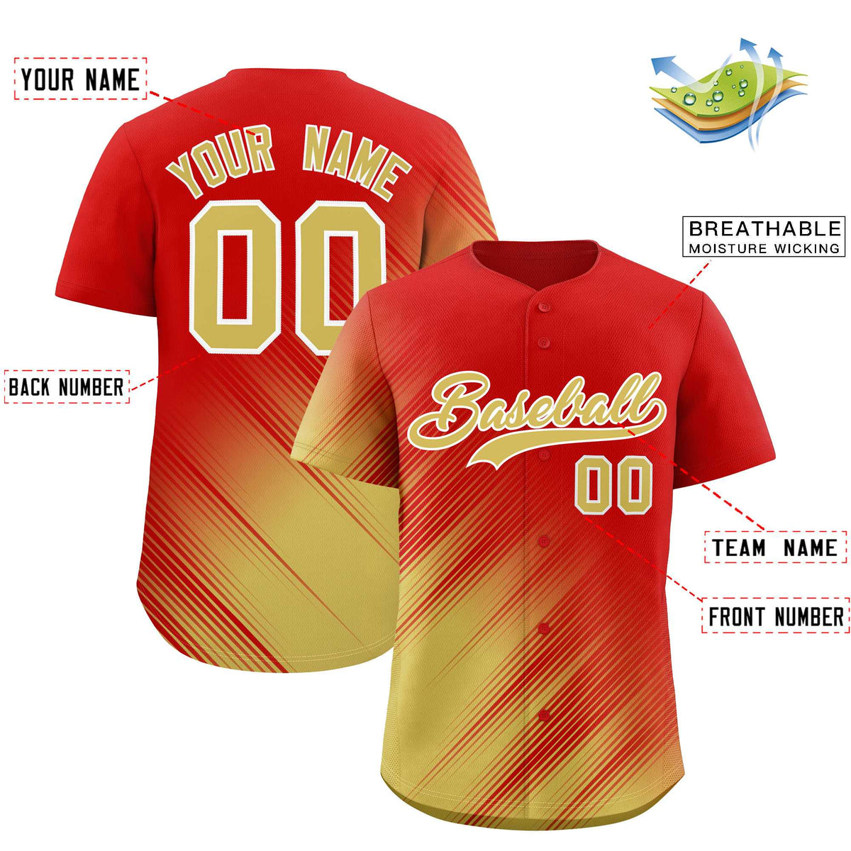 Custom Red Old Gold Diagonal Stripe Personalized Gradient Fashion Baseball Jersey