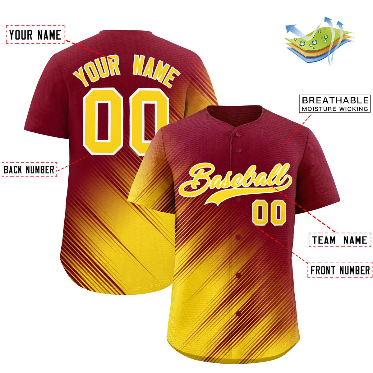 Custom Crimson Gold Diagonal Stripe Personalized Gradient Fashion Baseball Jersey